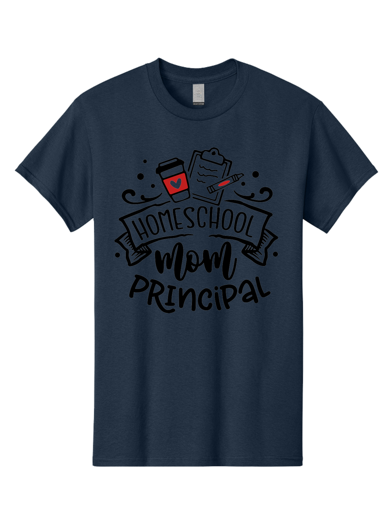 Homeschool-Mom-Principal-1 Men'S Graphic Tee, 100% Cotton, Comfortable Casual Summer Wear, Machine Washable, Homeschool Mom, Principal, Coffee Cup, Red Heart, Clipboard, Pencil, Education, Learning, Parenting, Homeschooling, Teaching, Aab376