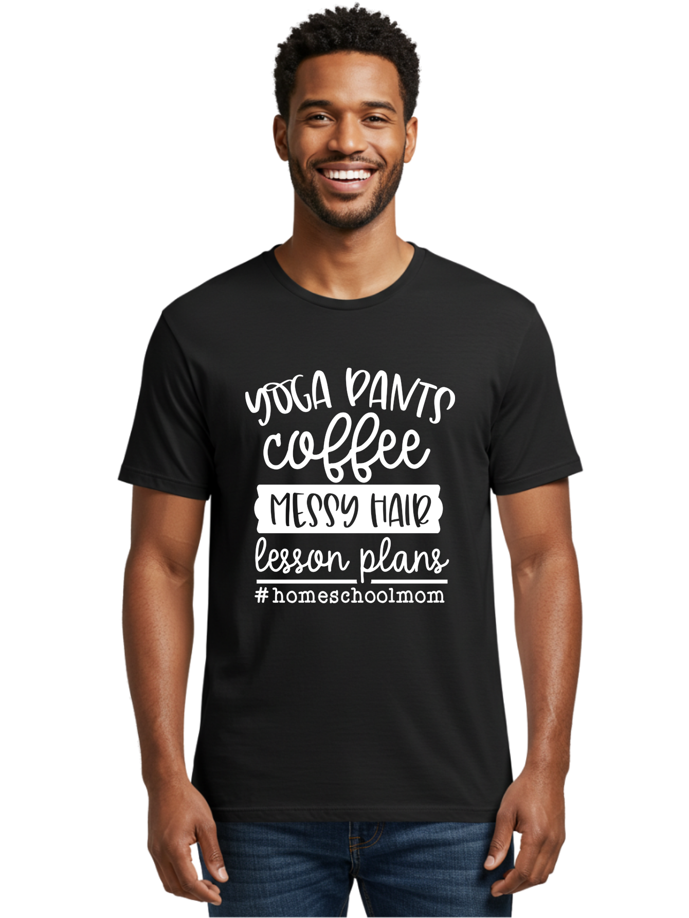 Homeschool-Mom Men'S Graphic Tee, 100% Cotton, Comfortable Casual Summer Wear, Machine Washable, Homeschool Mom, Yoga Pants, Coffee Fuel, Messy Hair, Lesson Plans, Homeschooling Lifestyle, Mom Life, Homeschool Routine, Coffee Lover Aab384