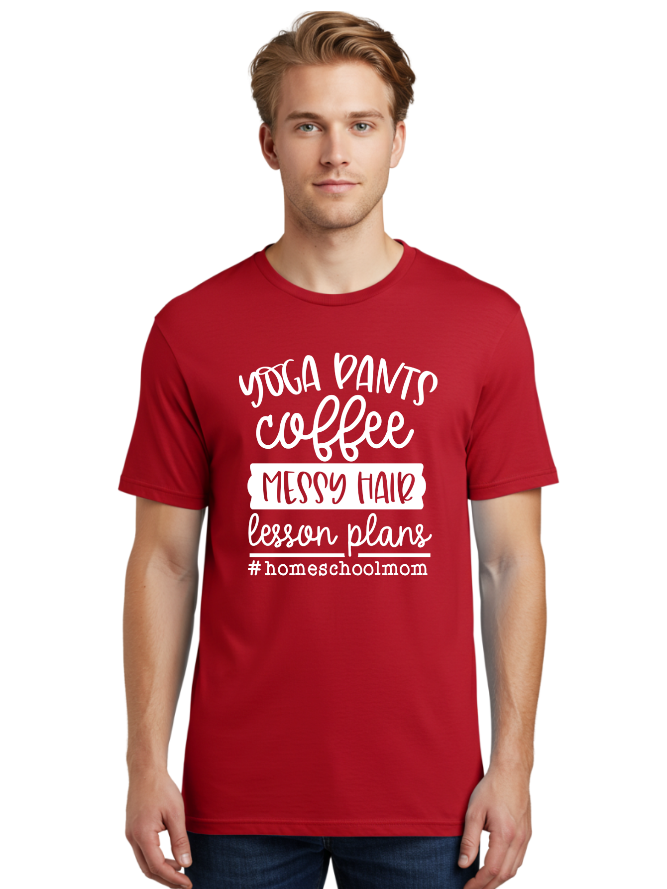Homeschool-Mom Men'S Graphic Tee, 100% Cotton, Comfortable Casual Summer Wear, Machine Washable, Homeschool Mom, Yoga Pants, Coffee Fuel, Messy Hair, Lesson Plans, Homeschooling Lifestyle, Mom Life, Homeschool Routine, Coffee Lover Aab384