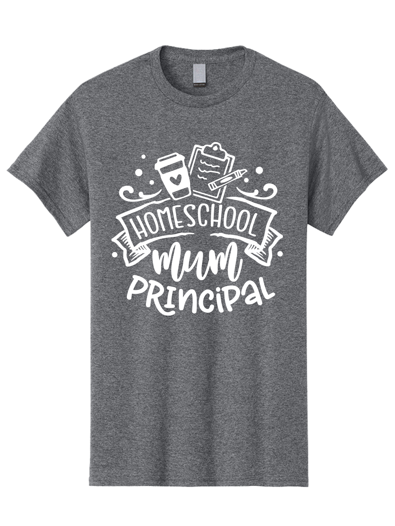 Homeschool-Mum-Principal-1 Men'S Graphic Tee, 100% Cotton, Comfortable Casual Summer Wear, Machine Washable, Homeschool Mom, Principal, Homeschooling, Coffee Cup, Clipboard, Pencil, Heart, Education, Parenting, Learning, Mom Life Aab393