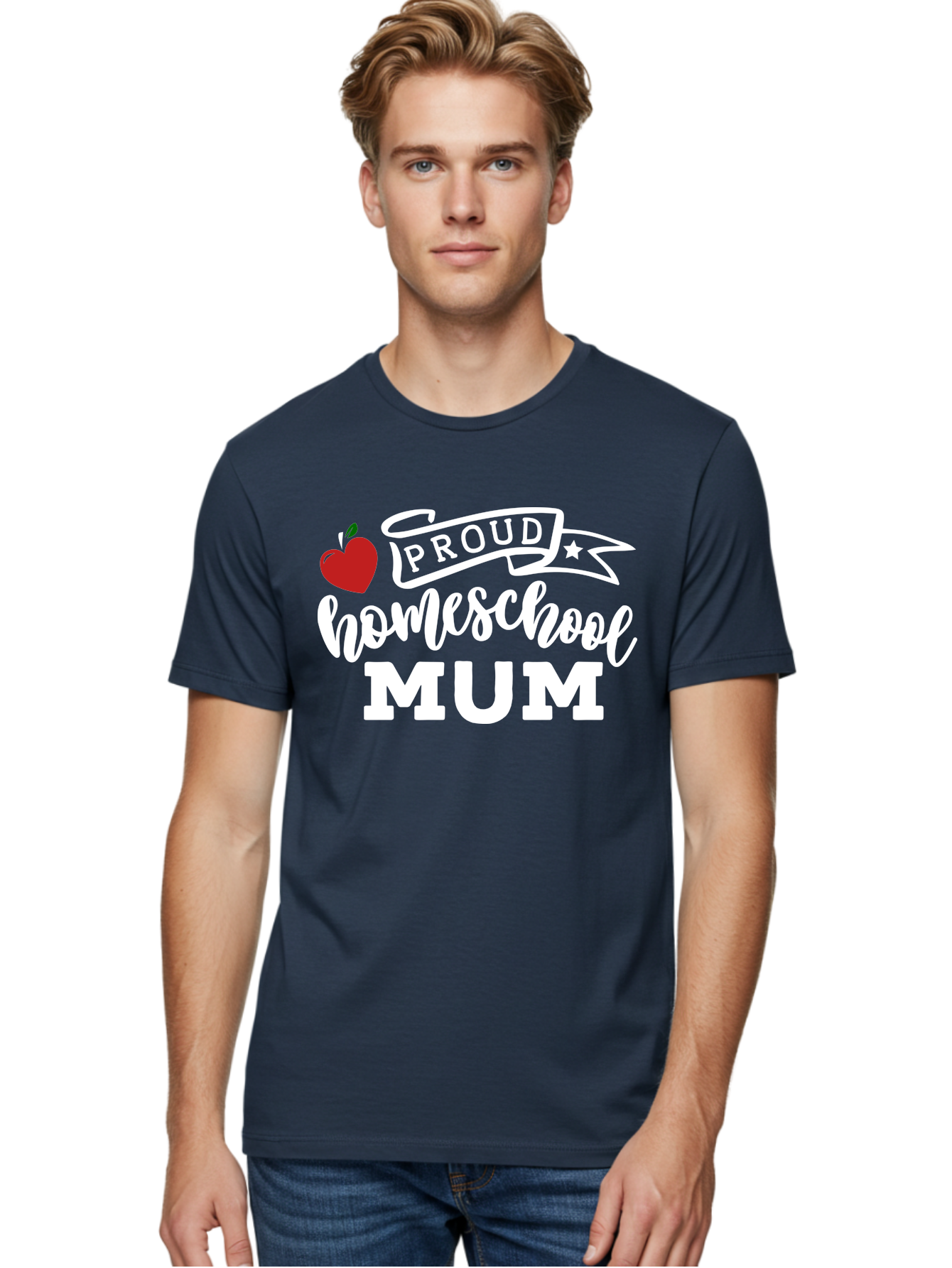 Proud-Homeschool-Mum-2 Men'S Graphic Tee, 100% Cotton, Comfortable Casual Summer Wear, Machine Washable, Proud Homeschool Mum, Homeschooling Mom, Home Education, Proud Parent, Apple Logo, Banner Design, Star Symbol, Custom Apparel, Aab426