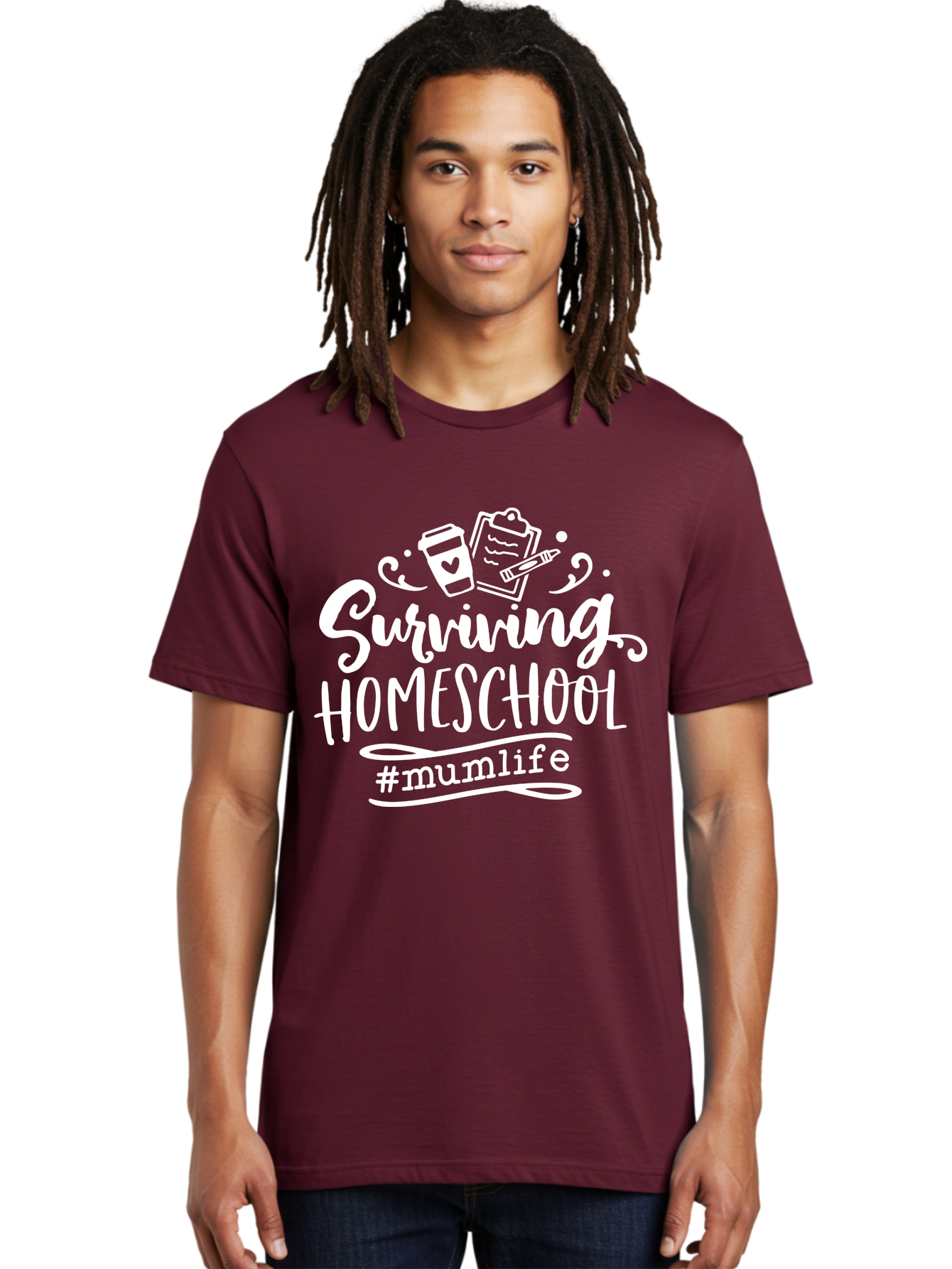 Surviving-Homeschool-3 Men'S Graphic Tee, 100% Cotton, Comfortable Casual Summer Wear, Machine Washable, Homeschooling, Mom Life, Parenting, Education, Teaching, Learning, #Mumlif, School Supplies, Coffee Cup, Clipboard Aab434
