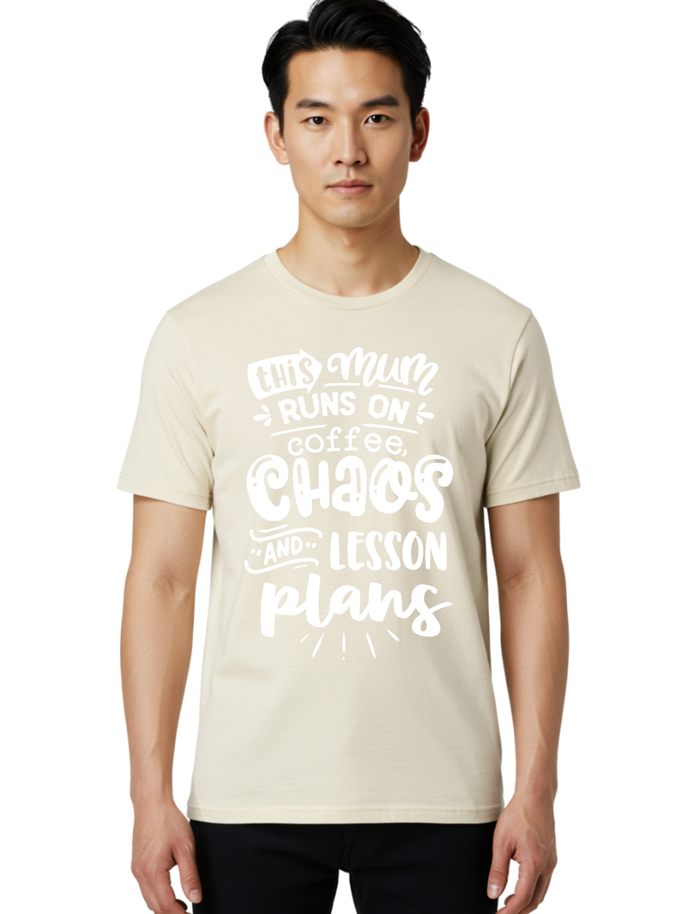 This-Mum-Runs-On-Coffee-Chaos-And-Lesson-Plans Men'S Graphic Tee, 100% Cotton, Comfortable Casual Summer Wear, Machine Washable, Funny Mom Quote, Teacher Humor, Coffee Lover, Chaotic Life, Lesson Plans, Mom Life, Teacher Life, Humorous Quote, Aab451