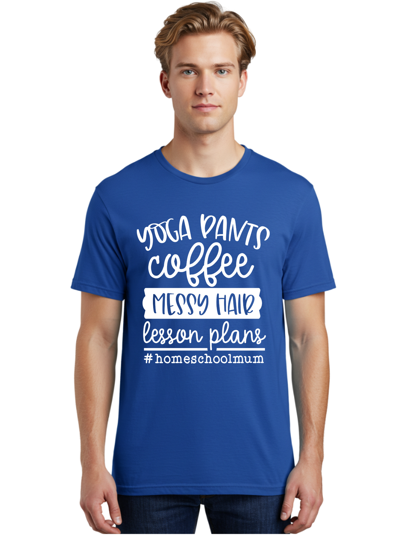 Yoga-Pants-Coffee-Messy-Hair-Lesson-Plans Men'S Graphic Tee, 100% Cotton, Comfortable Casual Summer Wear, Machine Washable, Homeschooling Mom, Yoga Pants, Messy Bun, Coffee Break, Lesson Plans, Mom Life, Homeschooling Lifestyle, Aab460