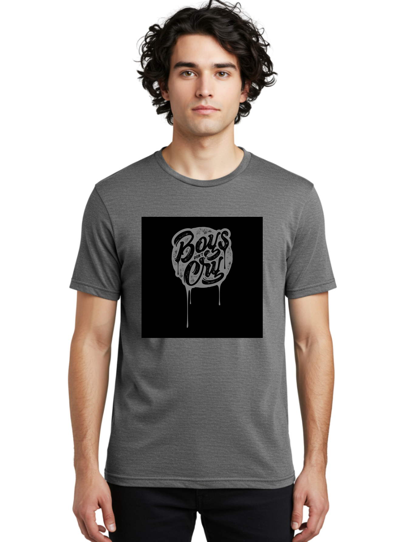 Boys-Don-T-Cry Men'S Graphic Tee, 100% Cotton, Comfortable Casual Summer Wear, Machine Washable, Boys Don'T Cry, Emotional Strength, Bold Typography, Grey Paint Drips, Black Background, Graphic Design, Urban Style, Rock Music, Typographic Art, Aab463