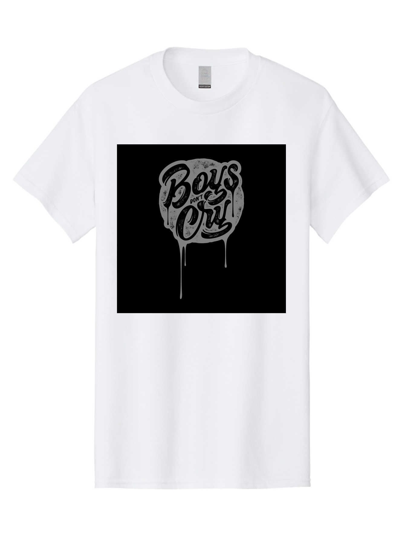 Boys-Don-T-Cry Men'S Graphic Tee, 100% Cotton, Comfortable Casual Summer Wear, Machine Washable, Boys Don'T Cry, Emotional Strength, Bold Typography, Grey Paint Drips, Black Background, Graphic Design, Urban Style, Rock Music, Typographic Art, Aab463