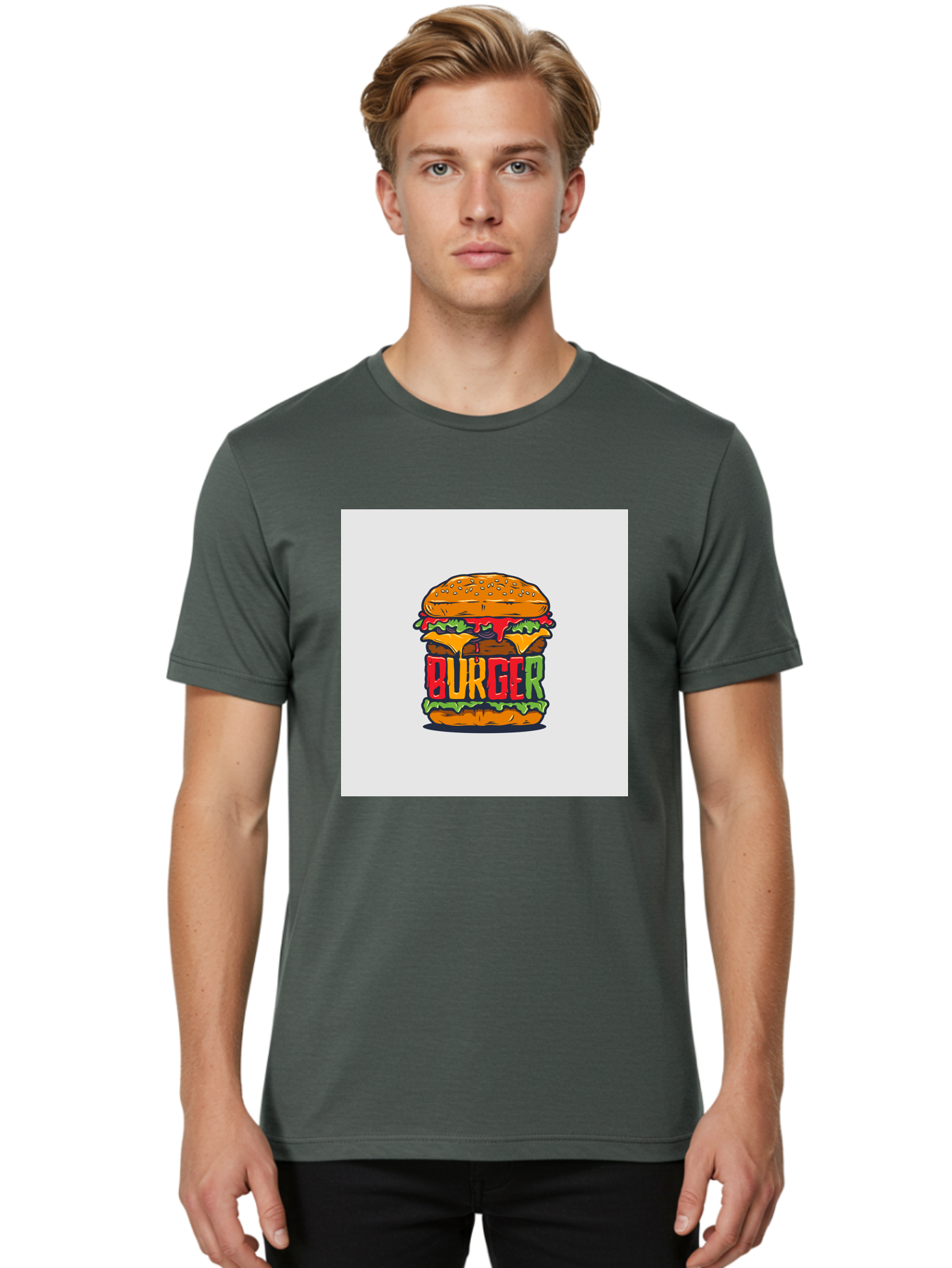 Burger Men'S Graphic Tee, 100% Cotton, Comfortable Casual Summer Wear, Machine Washable, Cartoon Burger, Juicy Patty, Melted Cheese, Fresh Lettuce, Ketchup Dripping, Sesame Seed Bun, Colorful Illustration, Fast Food, Burger Joint, Tasty Meal, Aab464