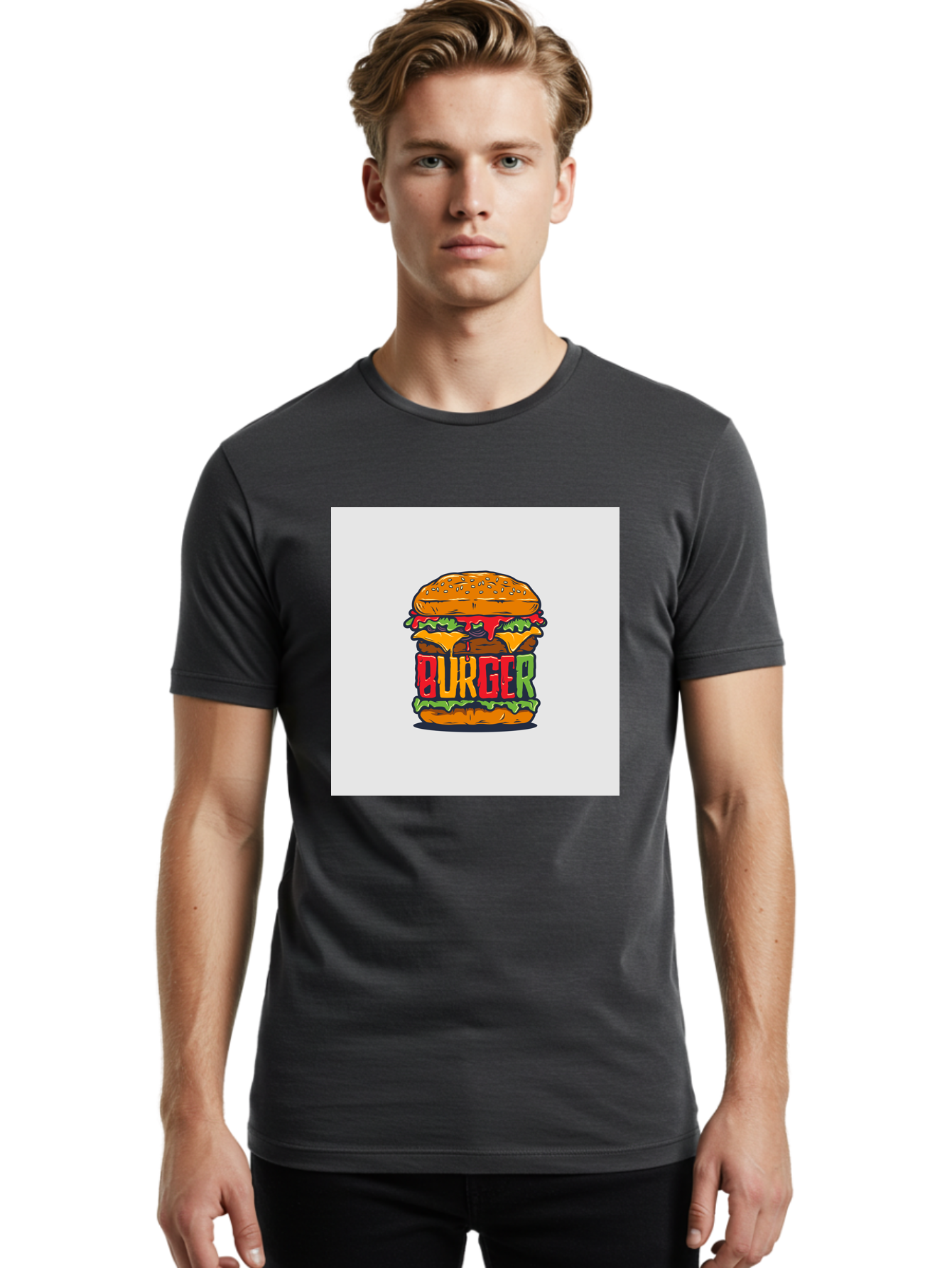 Burger Men'S Graphic Tee, 100% Cotton, Comfortable Casual Summer Wear, Machine Washable, Cartoon Burger, Juicy Patty, Melted Cheese, Fresh Lettuce, Ketchup Dripping, Sesame Seed Bun, Colorful Illustration, Fast Food, Burger Joint, Tasty Meal, Aab464