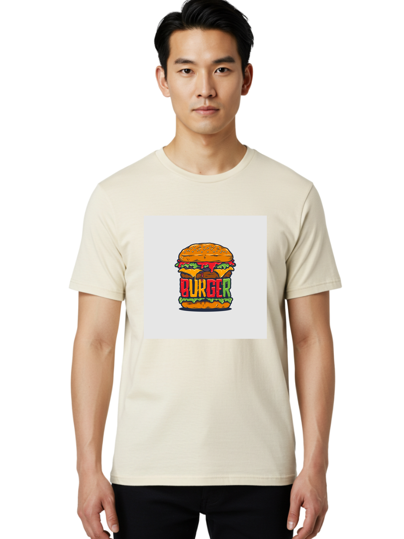 Burger Men'S Graphic Tee, 100% Cotton, Comfortable Casual Summer Wear, Machine Washable, Cartoon Burger, Juicy Patty, Melted Cheese, Fresh Lettuce, Ketchup Dripping, Sesame Seed Bun, Colorful Illustration, Fast Food, Burger Joint, Tasty Meal, Aab464