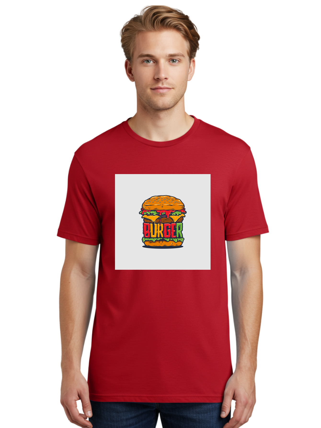 Burger Men'S Graphic Tee, 100% Cotton, Comfortable Casual Summer Wear, Machine Washable, Cartoon Burger, Juicy Patty, Melted Cheese, Fresh Lettuce, Ketchup Dripping, Sesame Seed Bun, Colorful Illustration, Fast Food, Burger Joint, Tasty Meal, Aab464