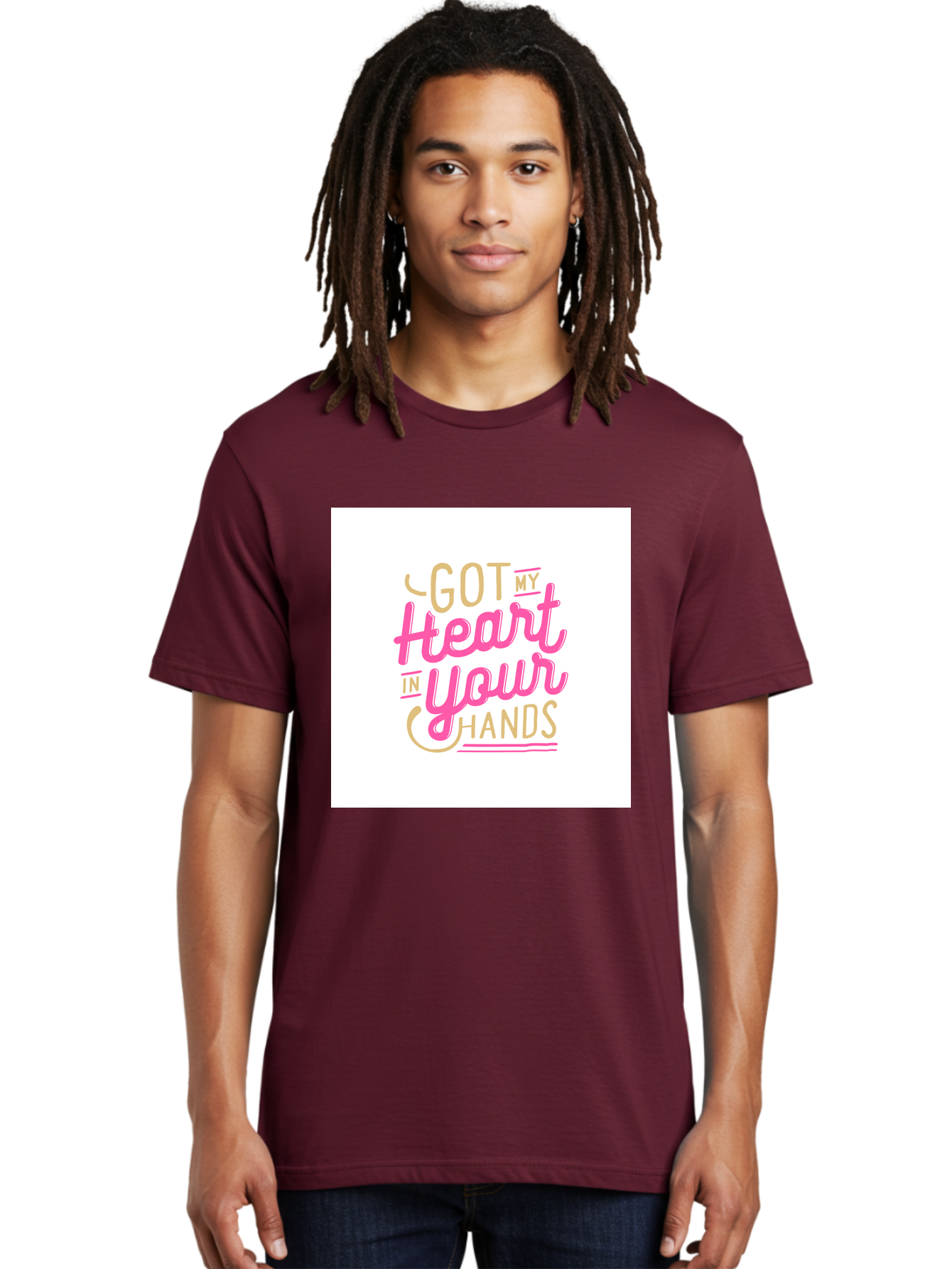 Got-My-Heart-In-Your-Hands Men'S Graphic Tee, 100% Cotton, Comfortable Casual Summer Wear, Machine Washable, Love Quote, Typography Art, Heartwarming Phrase, Gold And Pink Lettering, Inspirational Words, Romantic Gesture, Sweet Sentiment, Aab469