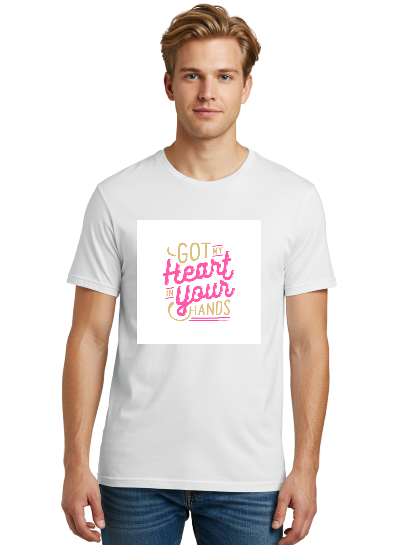 Got-My-Heart-In-Your-Hands Men'S Graphic Tee, 100% Cotton, Comfortable Casual Summer Wear, Machine Washable, Love Quote, Typography Art, Heartwarming Phrase, Gold And Pink Lettering, Inspirational Words, Romantic Gesture, Sweet Sentiment, Aab469