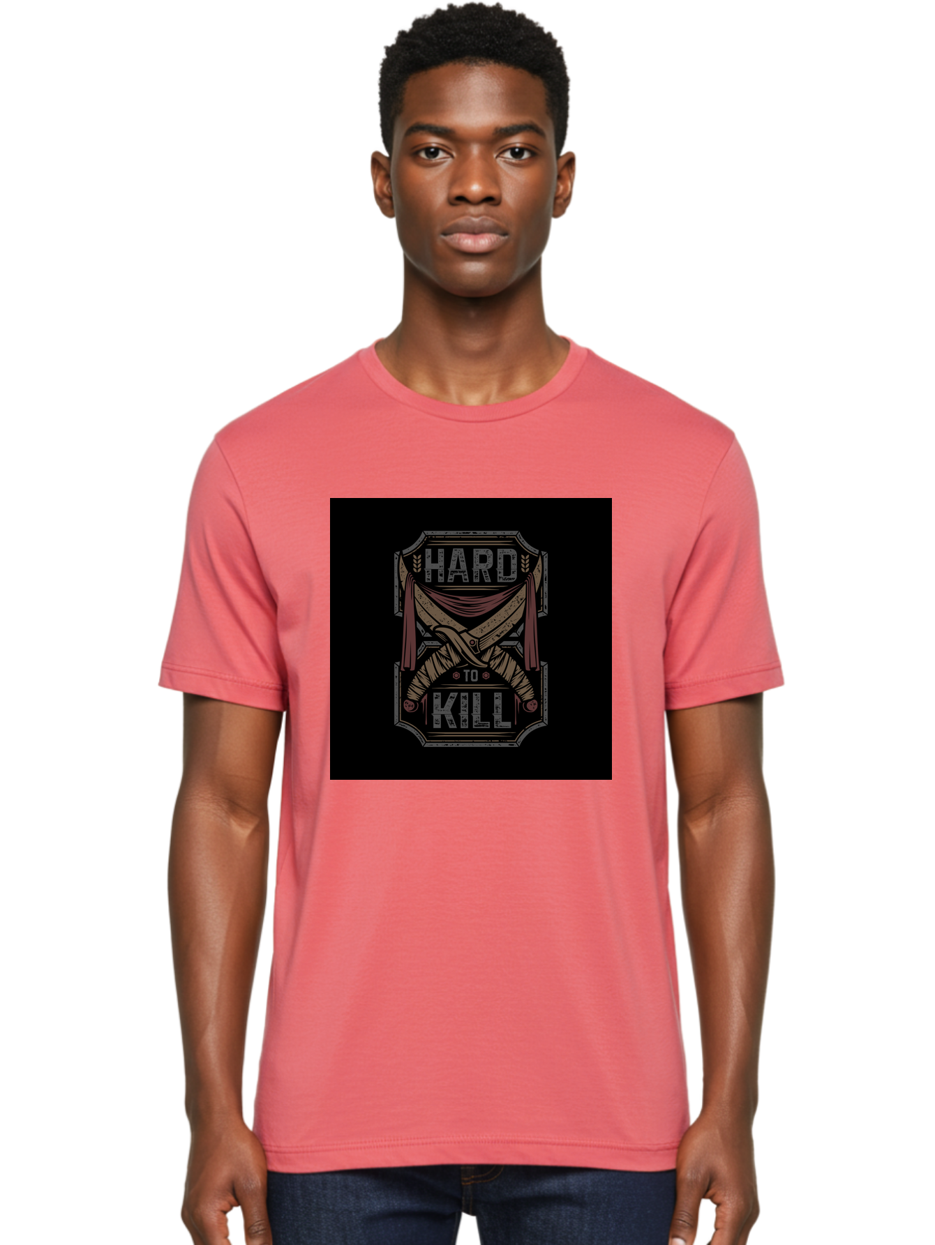 Hard-To-Kill Men'S Graphic Tee, 100% Cotton, Comfortable Casual Summer Wear, Machine Washable, Vintage Typography, Distressed Design, Crossed Swords, Red Fabric, Bold Graphics, Motivational Quote, Warrior Symbol, Edgy Style, Strong Message, Aab470