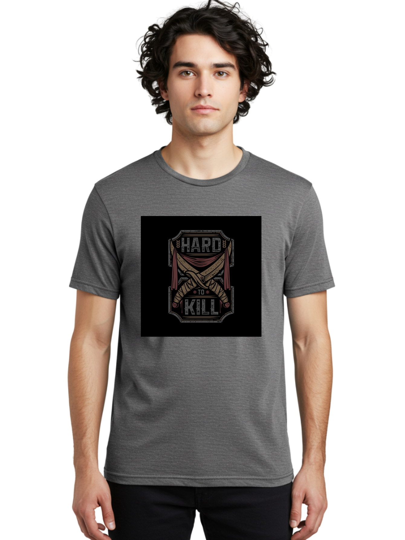 Hard-To-Kill Men'S Graphic Tee, 100% Cotton, Comfortable Casual Summer Wear, Machine Washable, Vintage Typography, Distressed Design, Crossed Swords, Red Fabric, Bold Graphics, Motivational Quote, Warrior Symbol, Edgy Style, Strong Message, Aab470