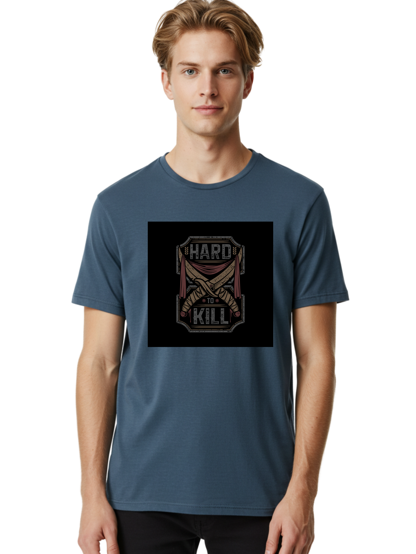 Hard-To-Kill Men'S Graphic Tee, 100% Cotton, Comfortable Casual Summer Wear, Machine Washable, Vintage Typography, Distressed Design, Crossed Swords, Red Fabric, Bold Graphics, Motivational Quote, Warrior Symbol, Edgy Style, Strong Message, Aab470