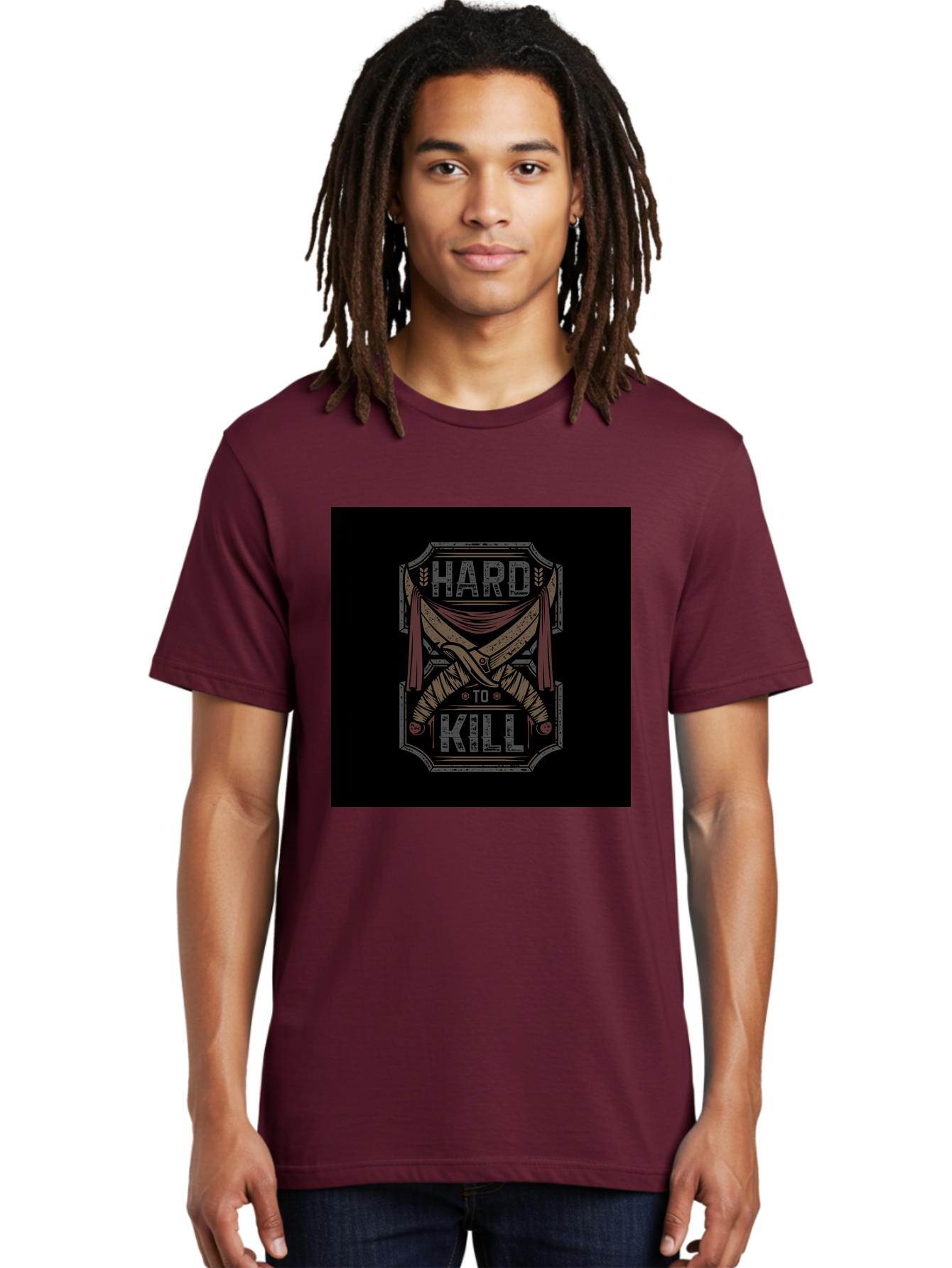 Hard-To-Kill Men'S Graphic Tee, 100% Cotton, Comfortable Casual Summer Wear, Machine Washable, Vintage Typography, Distressed Design, Crossed Swords, Red Fabric, Bold Graphics, Motivational Quote, Warrior Symbol, Edgy Style, Strong Message, Aab470