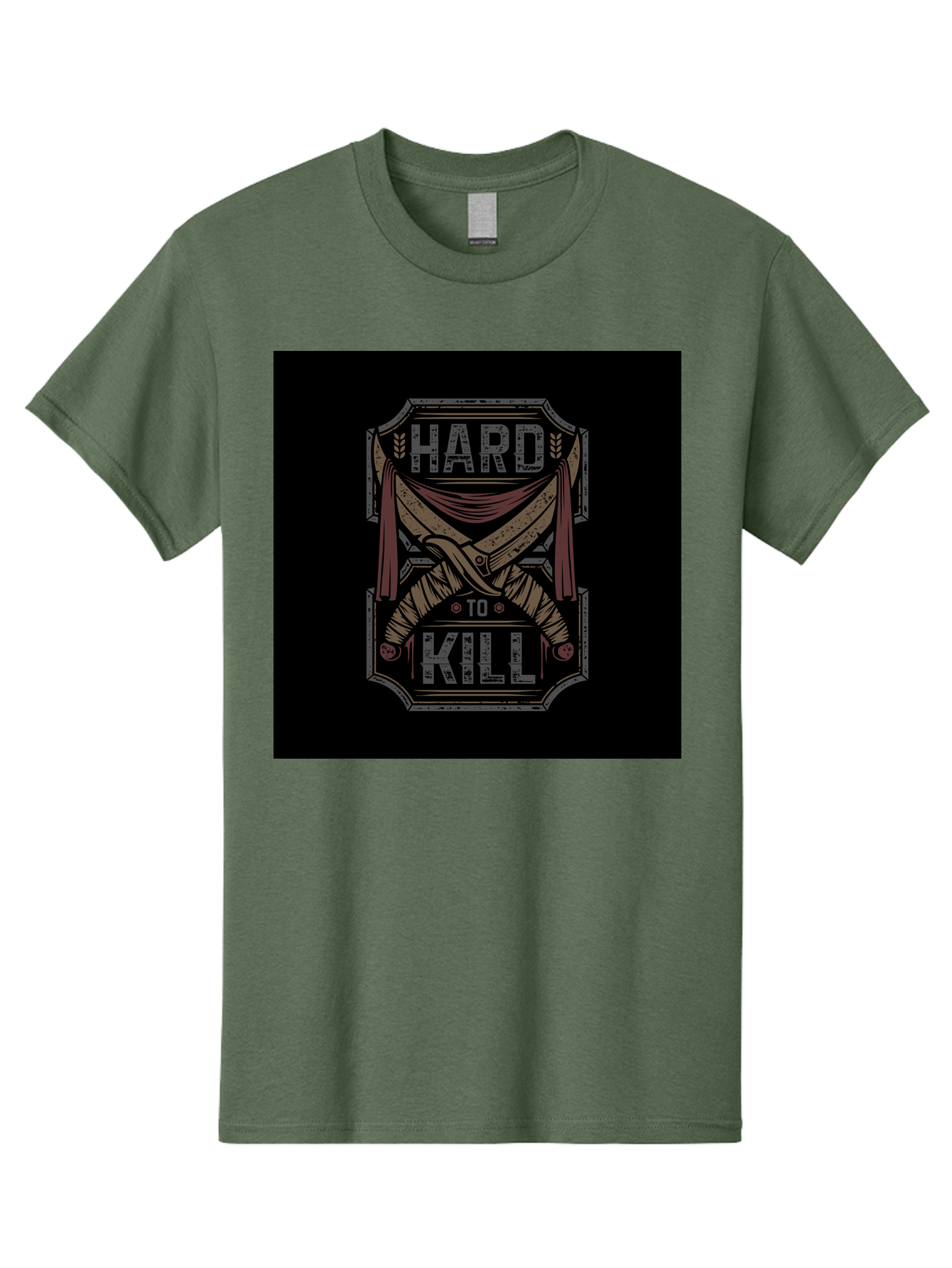 Hard-To-Kill Men'S Graphic Tee, 100% Cotton, Comfortable Casual Summer Wear, Machine Washable, Vintage Typography, Distressed Design, Crossed Swords, Red Fabric, Bold Graphics, Motivational Quote, Warrior Symbol, Edgy Style, Strong Message, Aab470