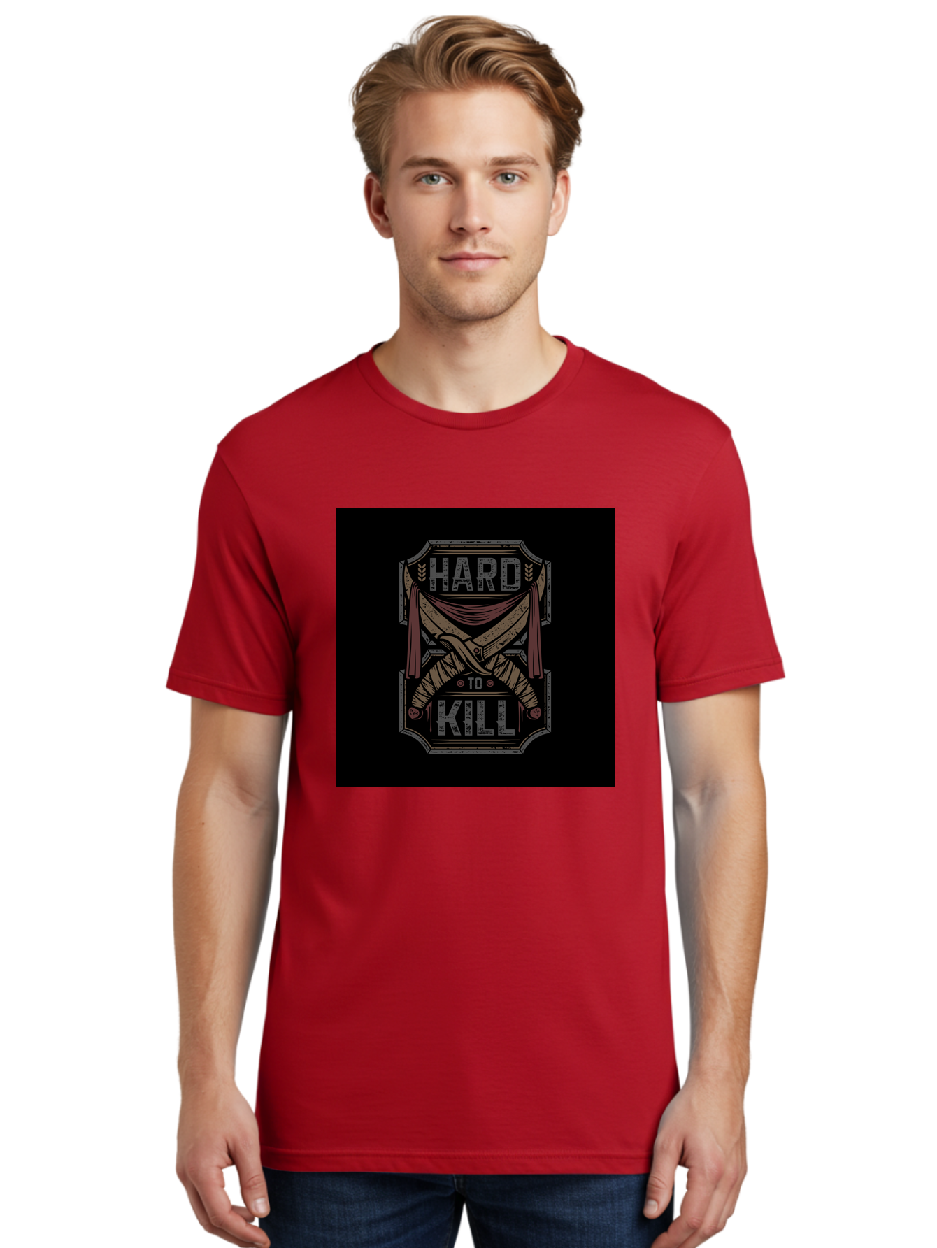 Hard-To-Kill Men'S Graphic Tee, 100% Cotton, Comfortable Casual Summer Wear, Machine Washable, Vintage Typography, Distressed Design, Crossed Swords, Red Fabric, Bold Graphics, Motivational Quote, Warrior Symbol, Edgy Style, Strong Message, Aab470