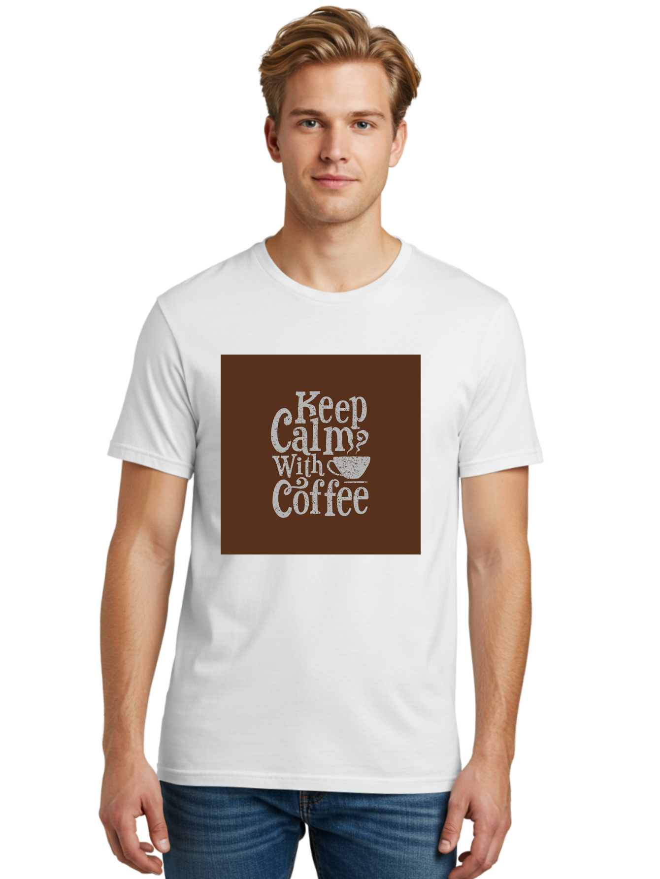 Keep-Calm-With-Coffee Men'S Graphic Tee, 100% Cotton, Comfortable Casual Summer Wear, Machine Washable, Coffee Quote, Coffee Inspiration, Calm Vibes, Coffee Lover, Morning Motivation, Coffee Break, Coffee Culture Aab472