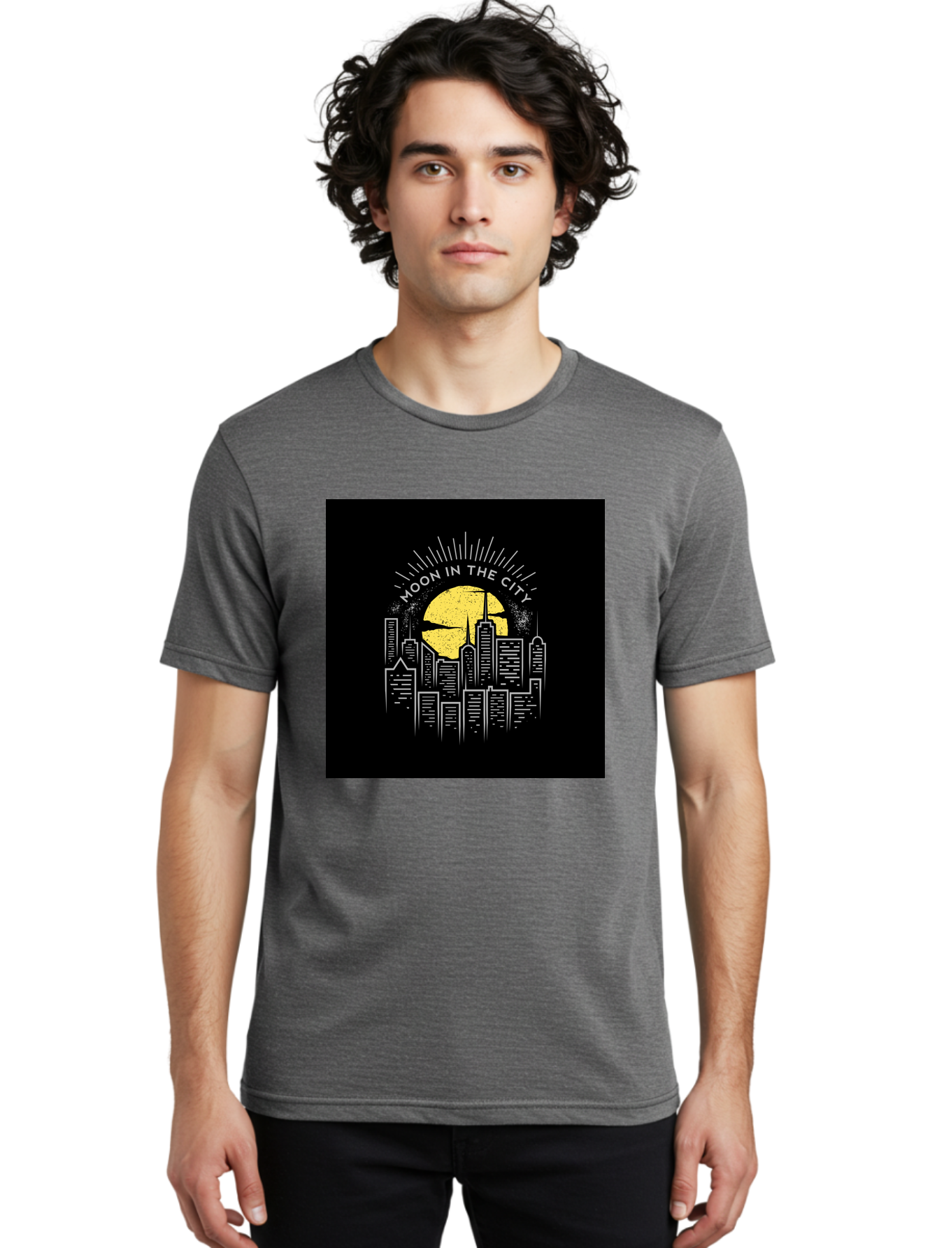 Moon-In-The-City Men'S Graphic Tee, 100% Cotton, Comfortable Casual Summer Wear, Machine Washable, City Skyline, Urban Landscape, Full Moon, Night Scene, Modern Architecture, Skyscrapers, Moonlit, City Life, Urban Ambiance, Nighttime Cityscape Aab474