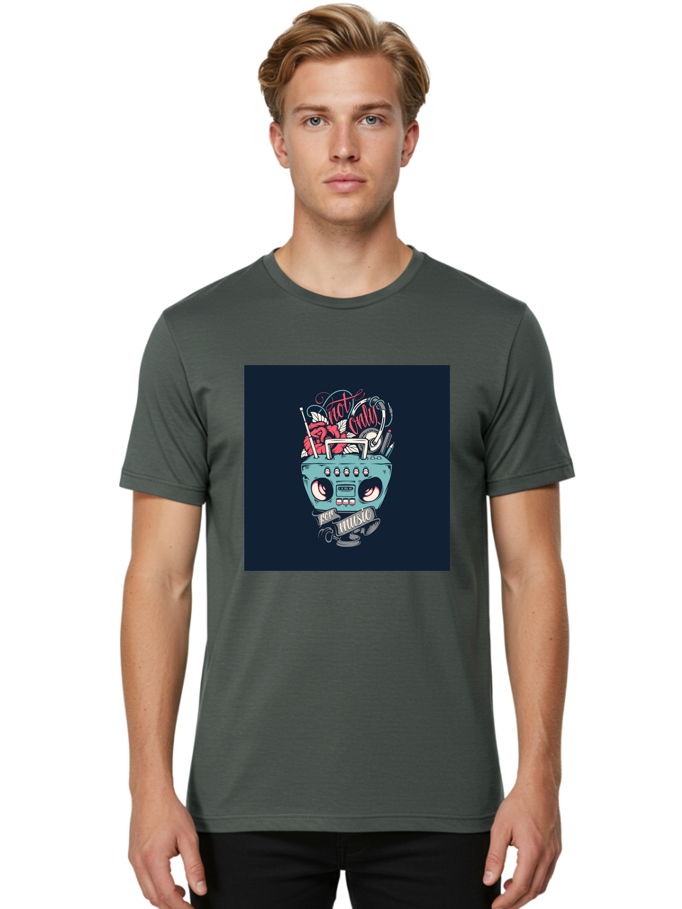 Not-Only-For-Music-Boombox Men'S Graphic Tee, 100% Cotton, Comfortable Casual Summer Wear, Machine Washable, Boombox Illustration, Cartoon Style, Vintage Electronics, Music Lovers, Retro Design, Cassette Tape, Headphones, Roses, Nostalgia, Aab475