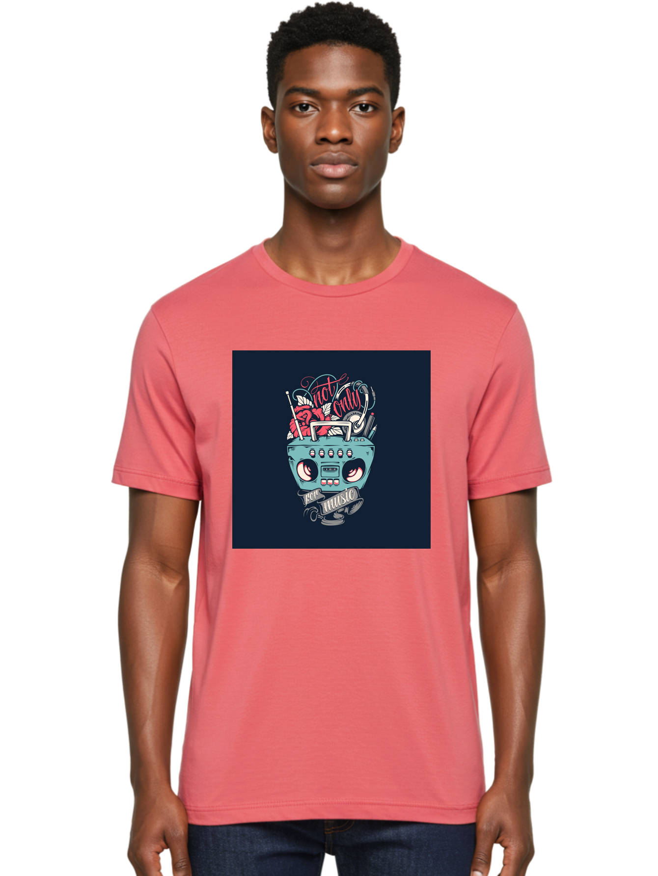 Not-Only-For-Music-Boombox Men'S Graphic Tee, 100% Cotton, Comfortable Casual Summer Wear, Machine Washable, Boombox Illustration, Cartoon Style, Vintage Electronics, Music Lovers, Retro Design, Cassette Tape, Headphones, Roses, Nostalgia, Aab475