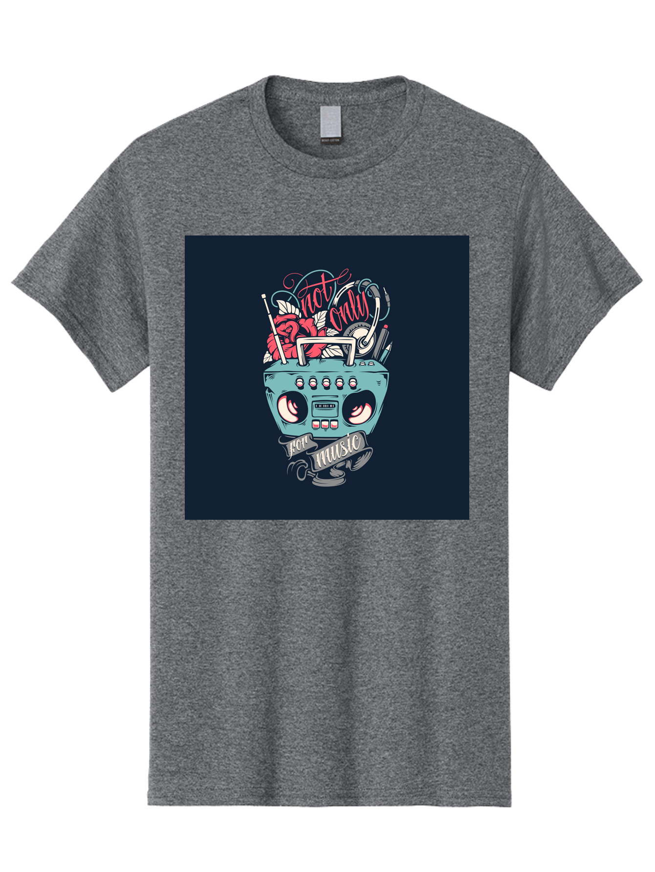 Not-Only-For-Music-Boombox Men'S Graphic Tee, 100% Cotton, Comfortable Casual Summer Wear, Machine Washable, Boombox Illustration, Cartoon Style, Vintage Electronics, Music Lovers, Retro Design, Cassette Tape, Headphones, Roses, Nostalgia, Aab475