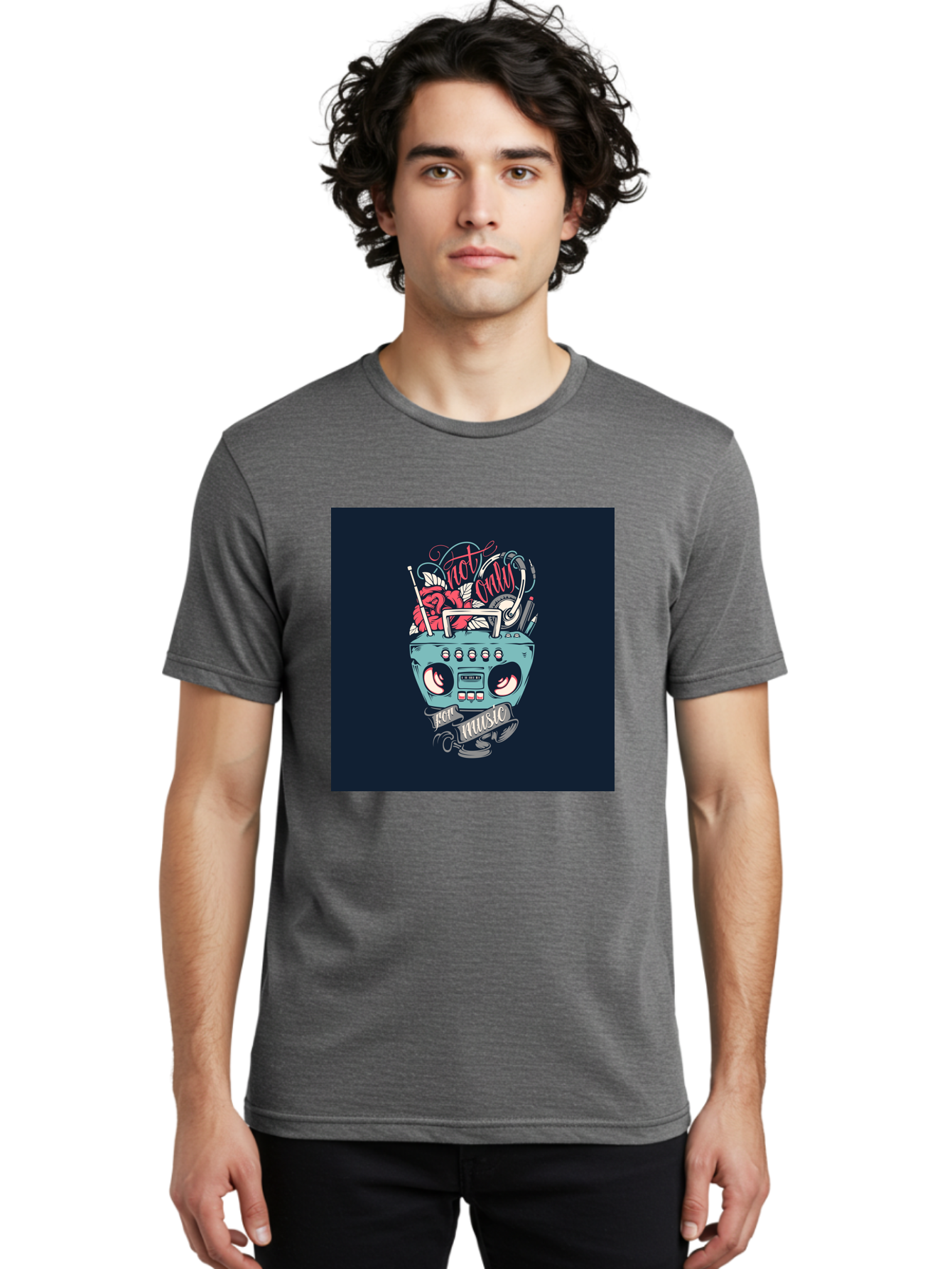 Not-Only-For-Music-Boombox Men'S Graphic Tee, 100% Cotton, Comfortable Casual Summer Wear, Machine Washable, Boombox Illustration, Cartoon Style, Vintage Electronics, Music Lovers, Retro Design, Cassette Tape, Headphones, Roses, Nostalgia, Aab475
