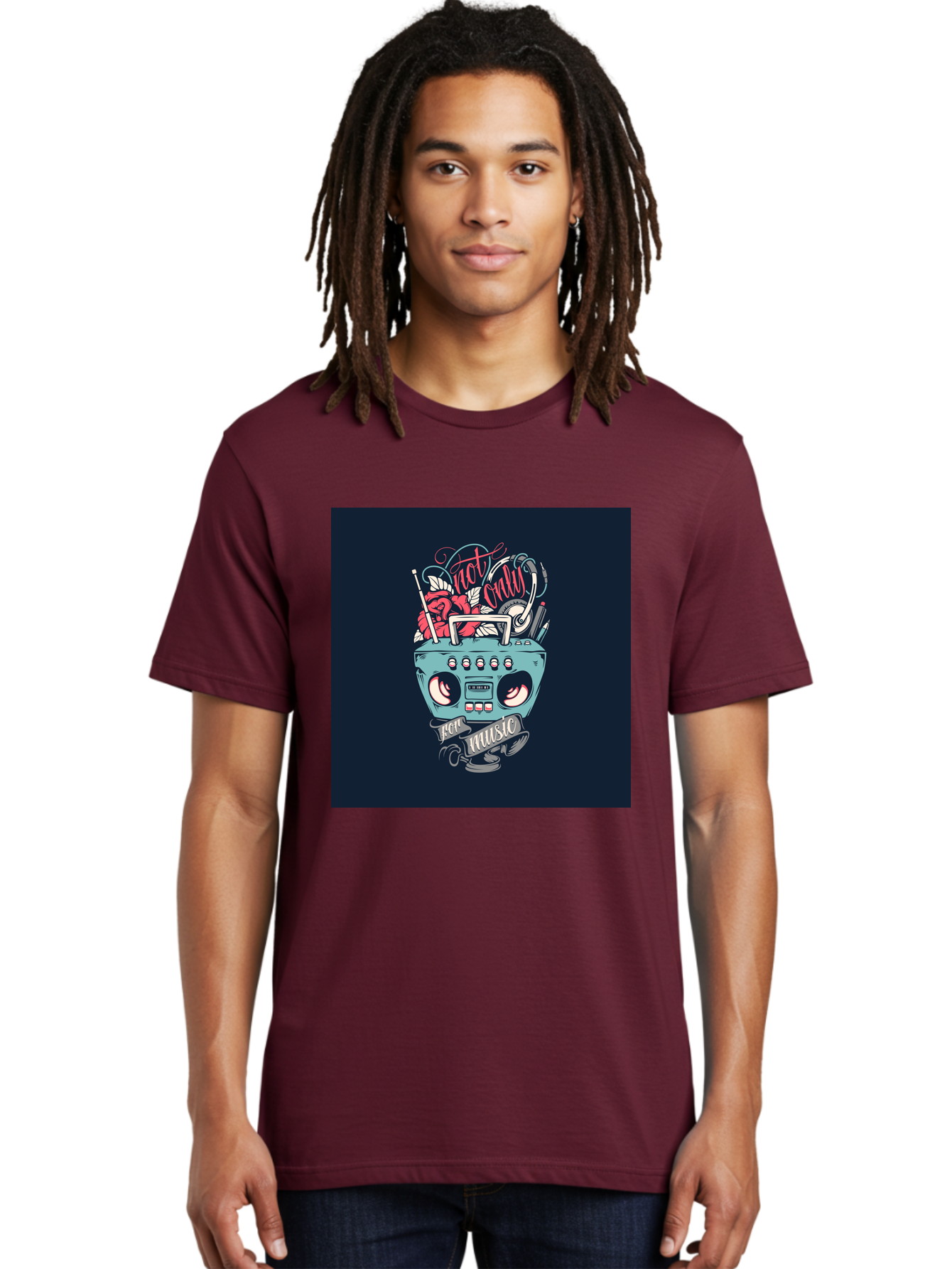 Not-Only-For-Music-Boombox Men'S Graphic Tee, 100% Cotton, Comfortable Casual Summer Wear, Machine Washable, Boombox Illustration, Cartoon Style, Vintage Electronics, Music Lovers, Retro Design, Cassette Tape, Headphones, Roses, Nostalgia, Aab475