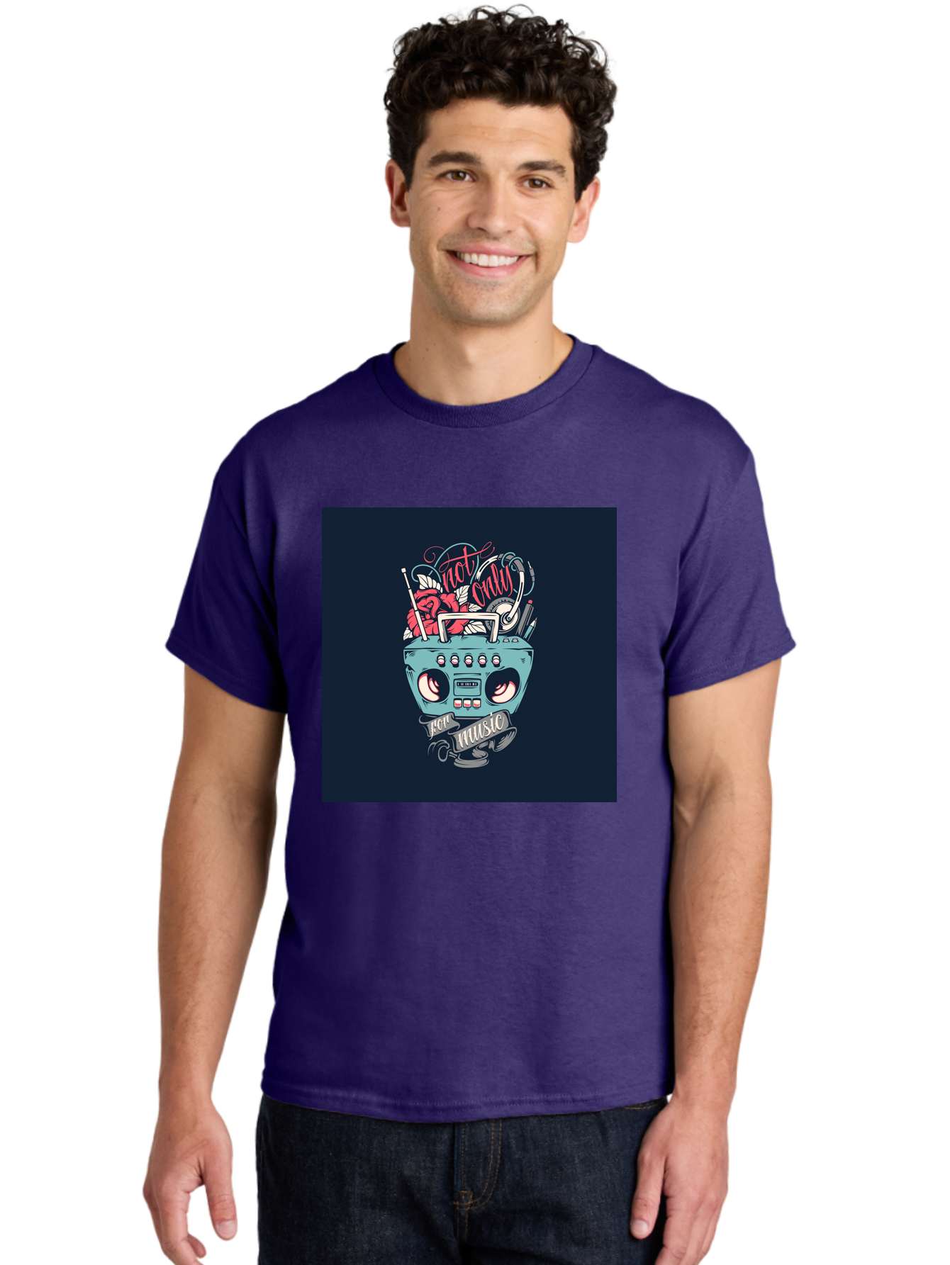 Not-Only-For-Music-Boombox Men'S Graphic Tee, 100% Cotton, Comfortable Casual Summer Wear, Machine Washable, Boombox Illustration, Cartoon Style, Vintage Electronics, Music Lovers, Retro Design, Cassette Tape, Headphones, Roses, Nostalgia, Aab475