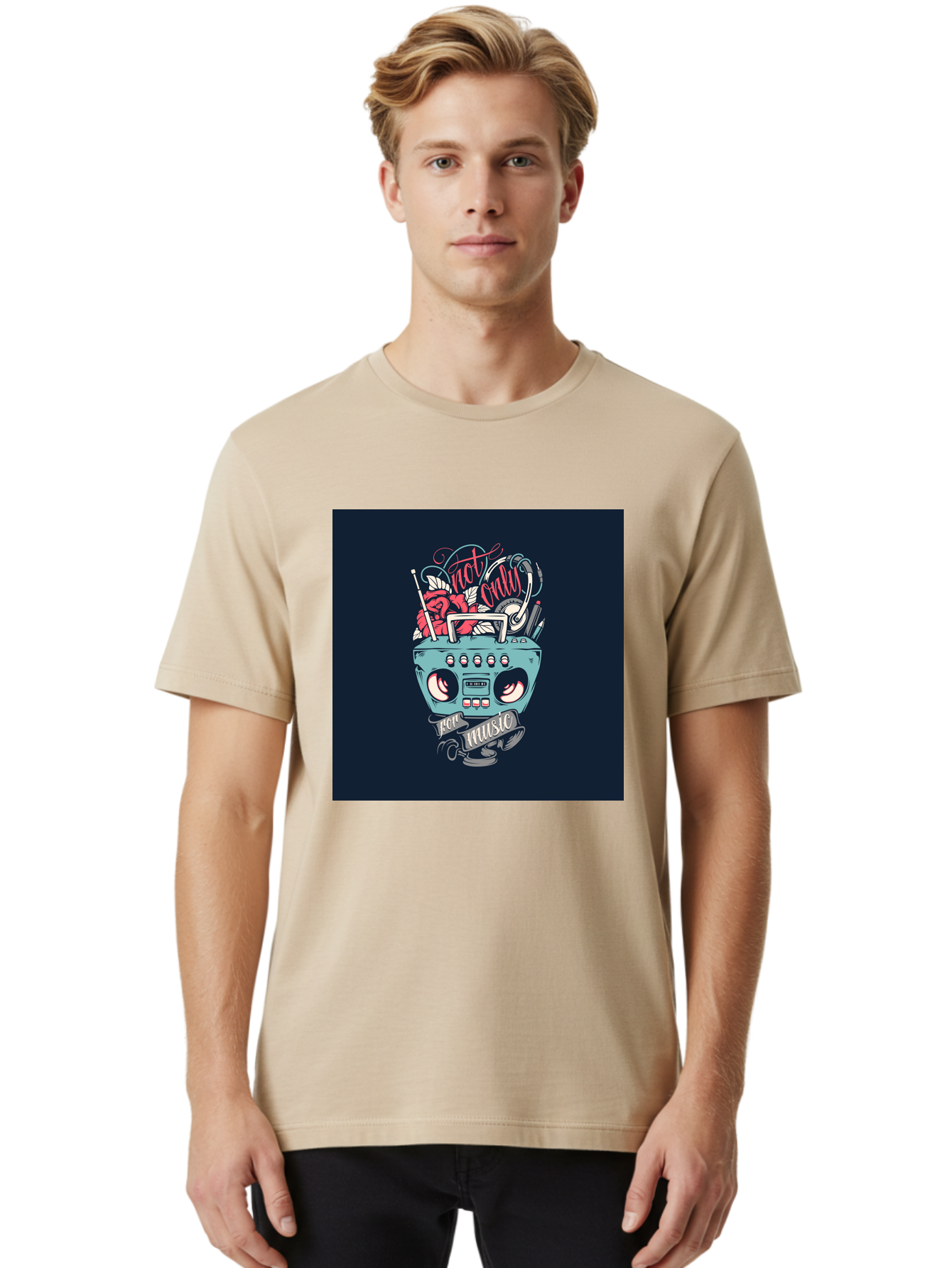 Not-Only-For-Music-Boombox Men'S Graphic Tee, 100% Cotton, Comfortable Casual Summer Wear, Machine Washable, Boombox Illustration, Cartoon Style, Vintage Electronics, Music Lovers, Retro Design, Cassette Tape, Headphones, Roses, Nostalgia, Aab475