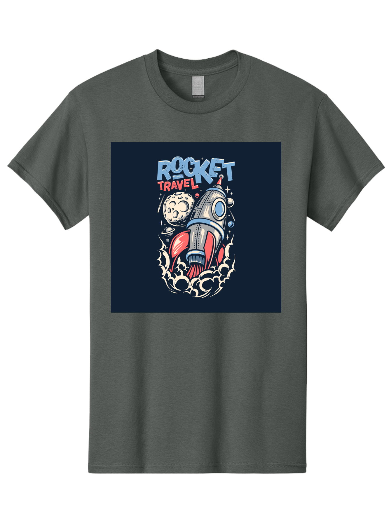 Rocket-Travel Men'S Graphic Tee, 100% Cotton, Comfortable Casual Summer Wear, Machine Washable, Rocket Ship, Space Travel, Adventure, Exploration, Cartoon Style, Vibrant Colors, Celestial Bodies, Moon, Stars, Futuristic Aab476