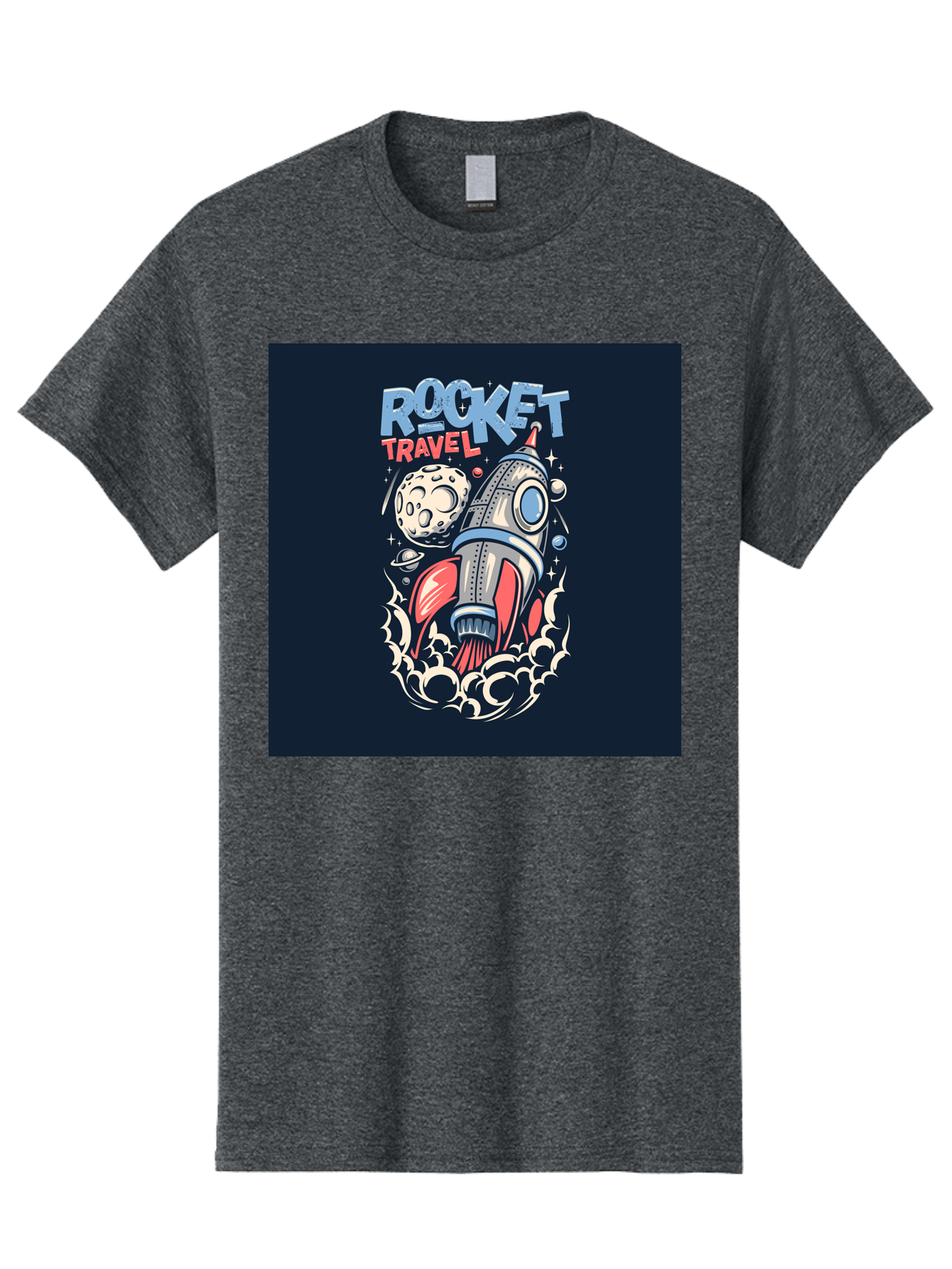 Rocket-Travel Men'S Graphic Tee, 100% Cotton, Comfortable Casual Summer Wear, Machine Washable, Rocket Ship, Space Travel, Adventure, Exploration, Cartoon Style, Vibrant Colors, Celestial Bodies, Moon, Stars, Futuristic Aab476