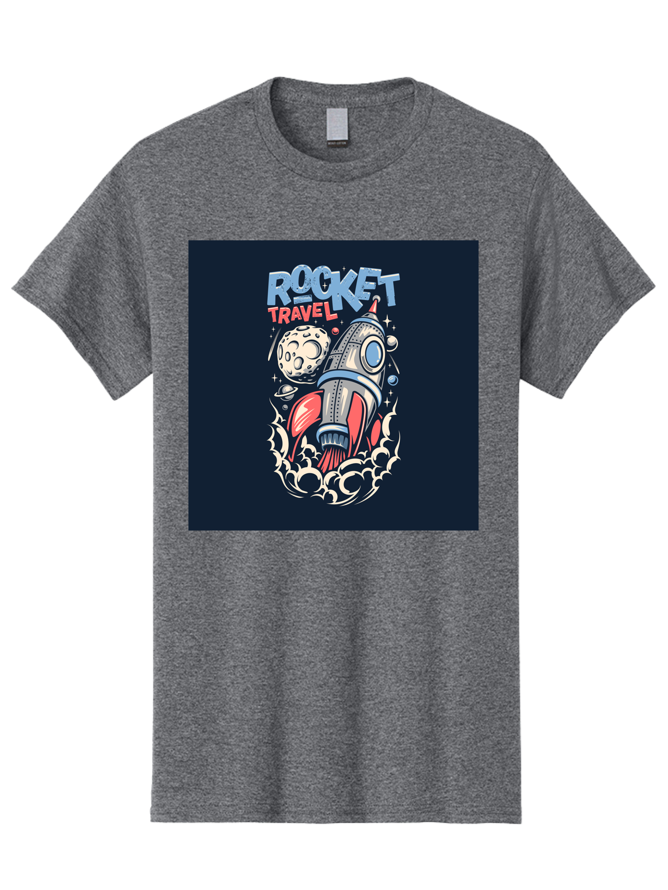 Rocket-Travel Men'S Graphic Tee, 100% Cotton, Comfortable Casual Summer Wear, Machine Washable, Rocket Ship, Space Travel, Adventure, Exploration, Cartoon Style, Vibrant Colors, Celestial Bodies, Moon, Stars, Futuristic Aab476