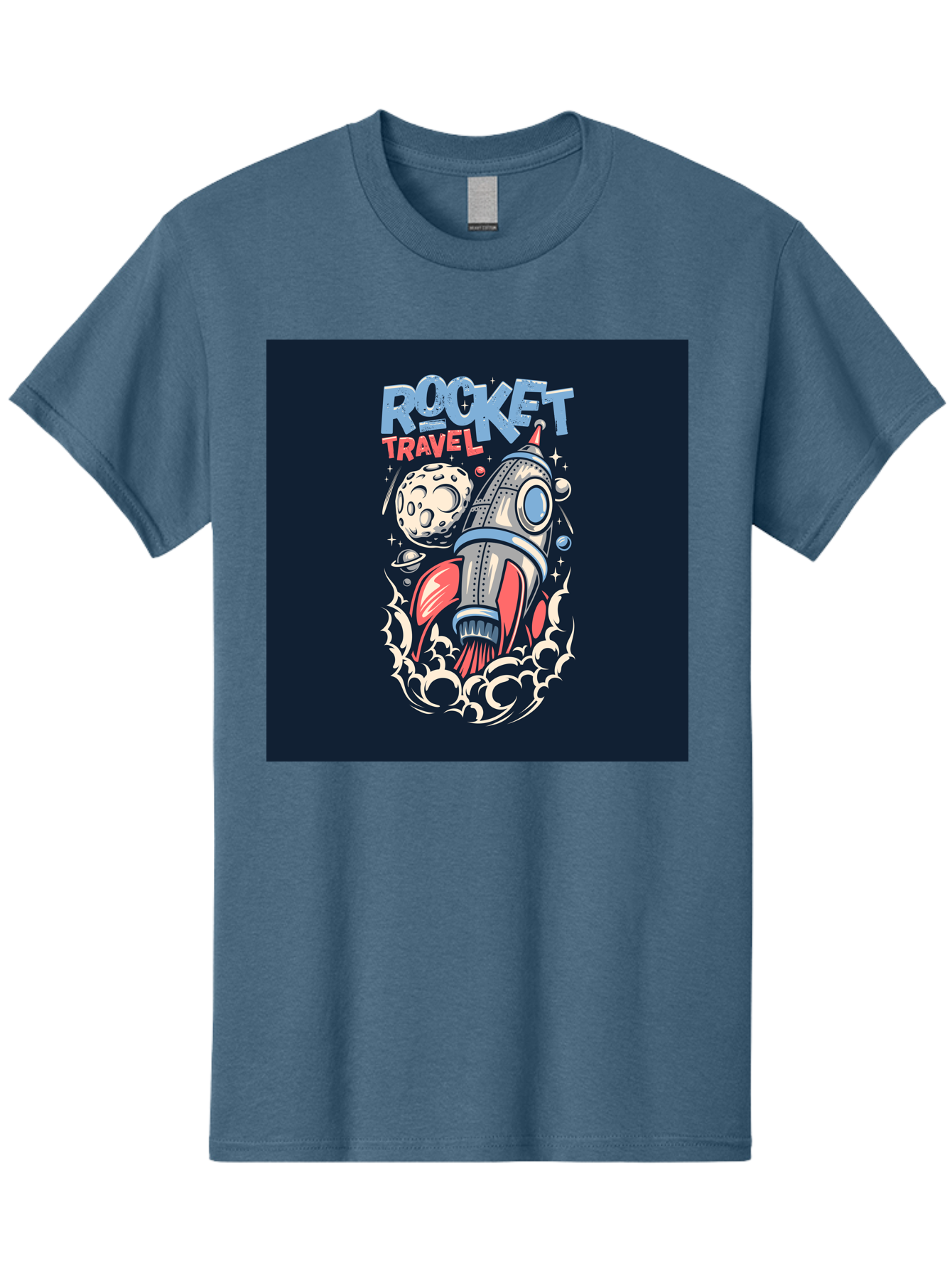 Rocket-Travel Men'S Graphic Tee, 100% Cotton, Comfortable Casual Summer Wear, Machine Washable, Rocket Ship, Space Travel, Adventure, Exploration, Cartoon Style, Vibrant Colors, Celestial Bodies, Moon, Stars, Futuristic Aab476
