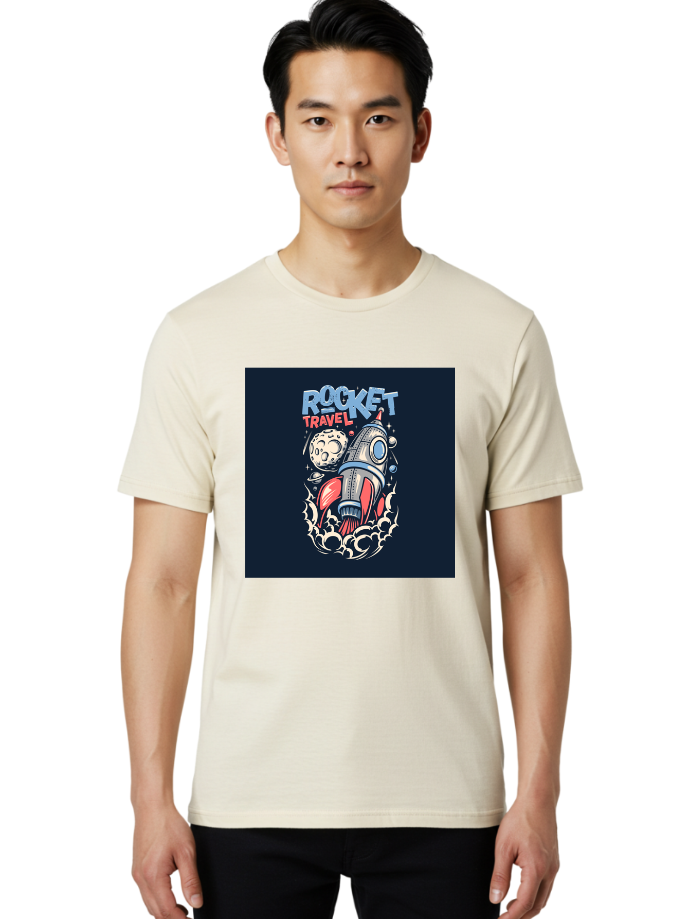Rocket-Travel Men'S Graphic Tee, 100% Cotton, Comfortable Casual Summer Wear, Machine Washable, Rocket Ship, Space Travel, Adventure, Exploration, Cartoon Style, Vibrant Colors, Celestial Bodies, Moon, Stars, Futuristic Aab476