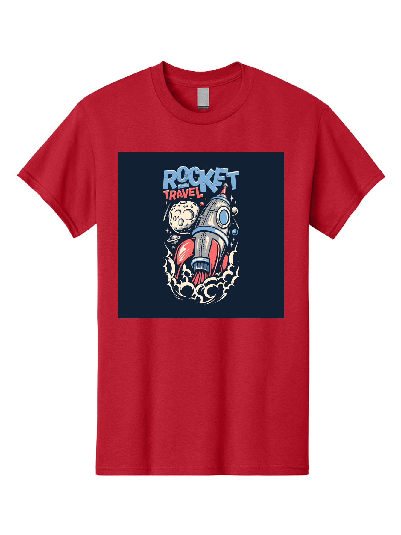 Rocket-Travel Men'S Graphic Tee, 100% Cotton, Comfortable Casual Summer Wear, Machine Washable, Rocket Ship, Space Travel, Adventure, Exploration, Cartoon Style, Vibrant Colors, Celestial Bodies, Moon, Stars, Futuristic Aab476