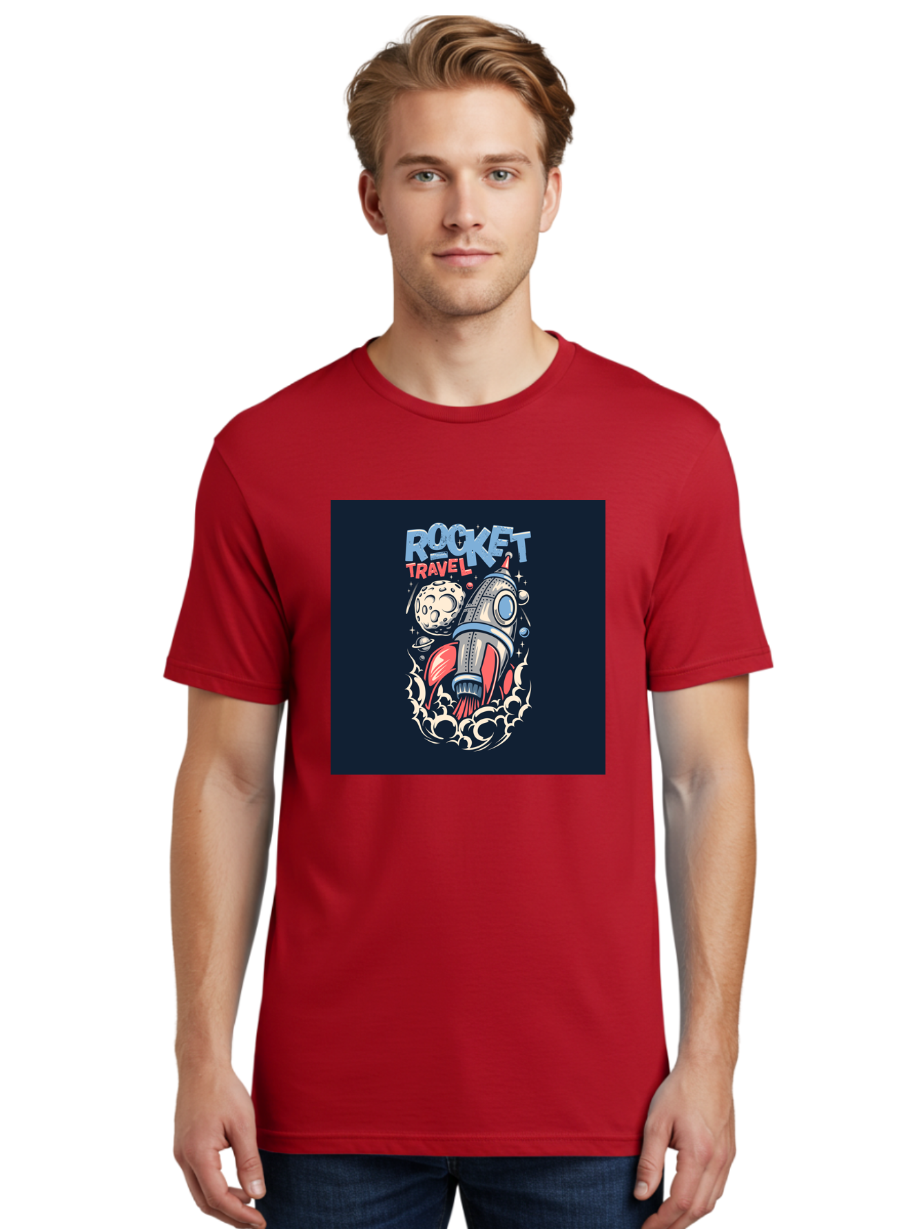 Rocket-Travel Men'S Graphic Tee, 100% Cotton, Comfortable Casual Summer Wear, Machine Washable, Rocket Ship, Space Travel, Adventure, Exploration, Cartoon Style, Vibrant Colors, Celestial Bodies, Moon, Stars, Futuristic Aab476