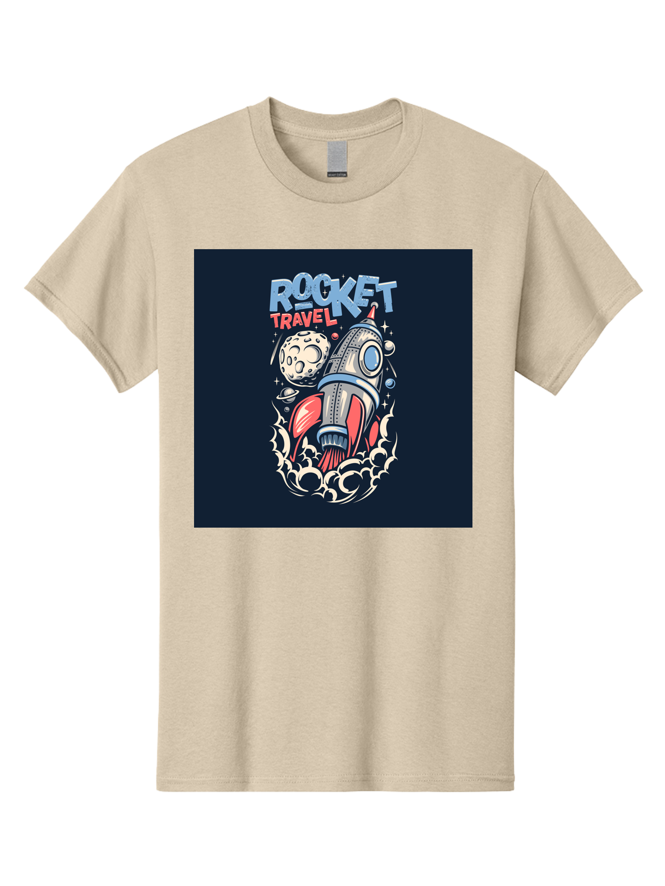 Rocket-Travel Men'S Graphic Tee, 100% Cotton, Comfortable Casual Summer Wear, Machine Washable, Rocket Ship, Space Travel, Adventure, Exploration, Cartoon Style, Vibrant Colors, Celestial Bodies, Moon, Stars, Futuristic Aab476