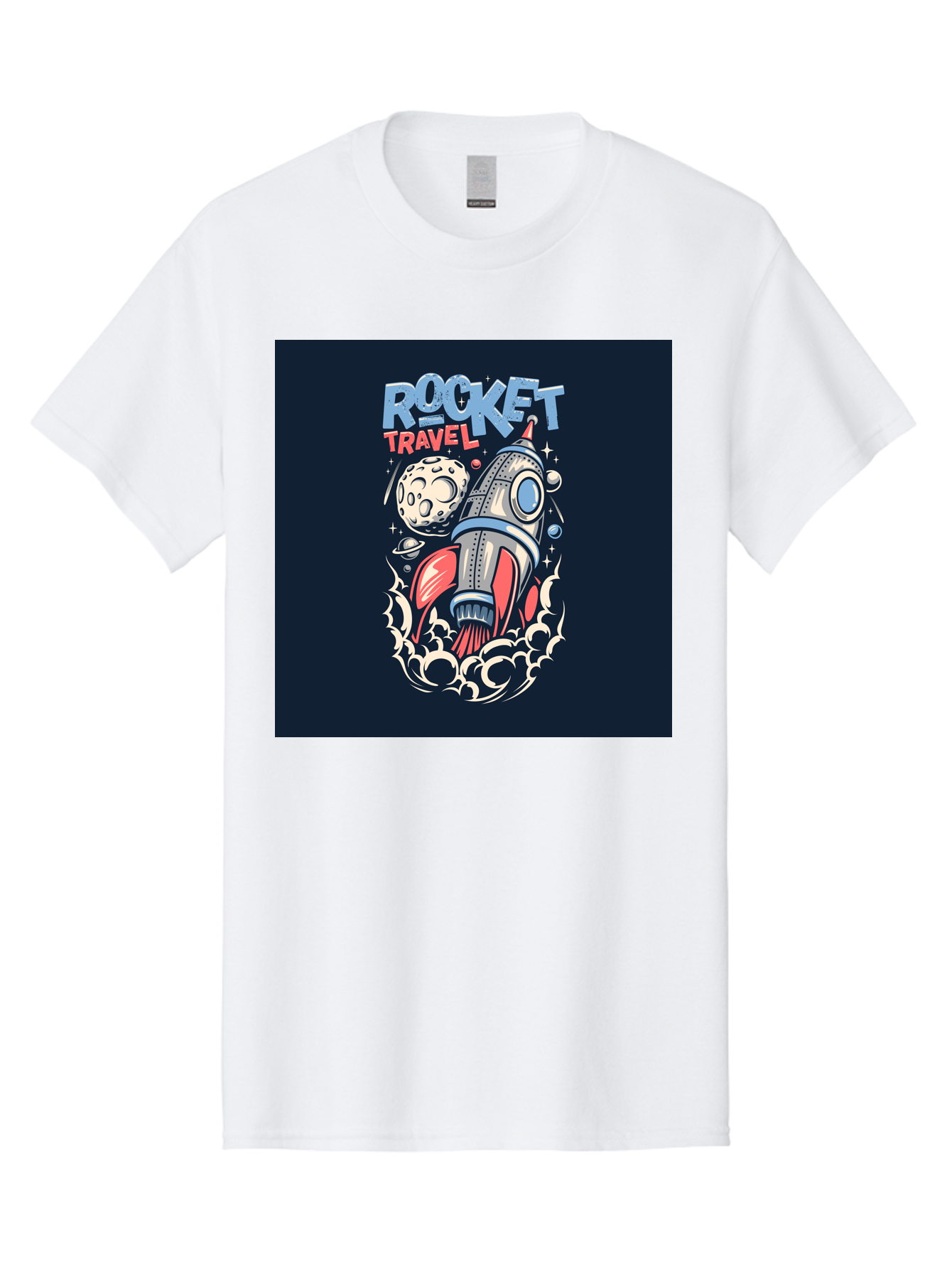 Rocket-Travel Men'S Graphic Tee, 100% Cotton, Comfortable Casual Summer Wear, Machine Washable, Rocket Ship, Space Travel, Adventure, Exploration, Cartoon Style, Vibrant Colors, Celestial Bodies, Moon, Stars, Futuristic Aab476