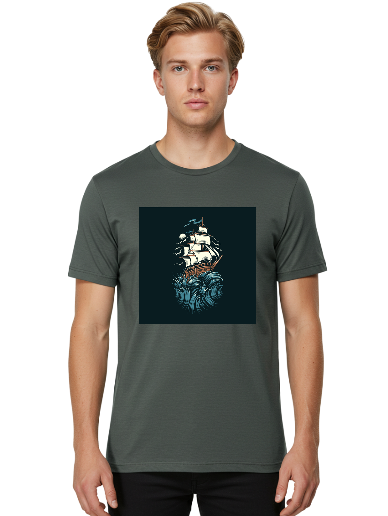 Sailing-Ship Men'S Graphic Tee, 100% Cotton, Comfortable Casual Summer Wear, Machine Washable, Sailing Ship, Stormy Sea, Rough Waves, Turbulent Weather, White Sails, Wooden Hull, Sailing Vessels, Coastal Scenery, Maritime Art, Navy Blue, Aab478