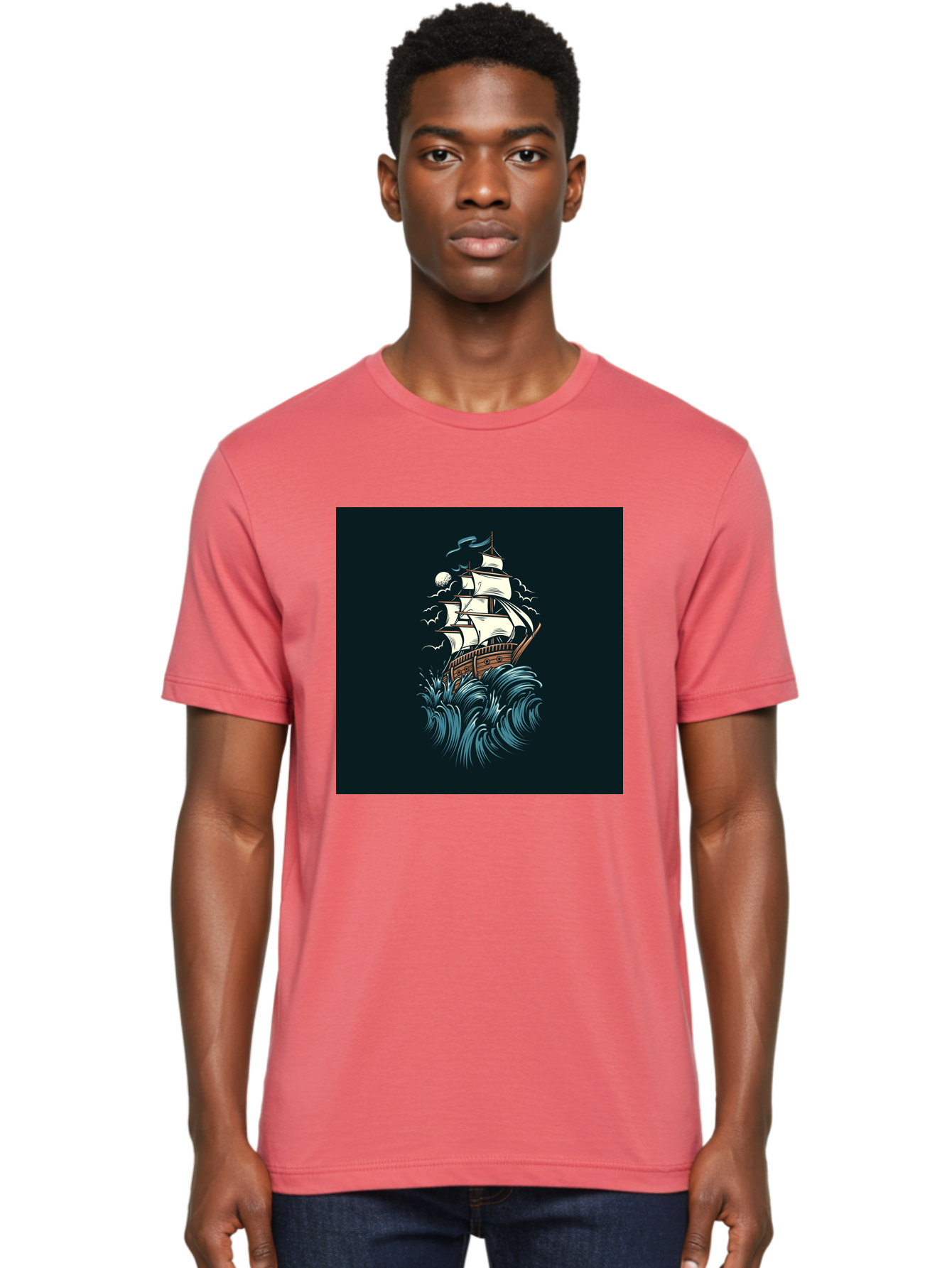 Sailing-Ship Men'S Graphic Tee, 100% Cotton, Comfortable Casual Summer Wear, Machine Washable, Sailing Ship, Stormy Sea, Rough Waves, Turbulent Weather, White Sails, Wooden Hull, Sailing Vessels, Coastal Scenery, Maritime Art, Navy Blue, Aab478