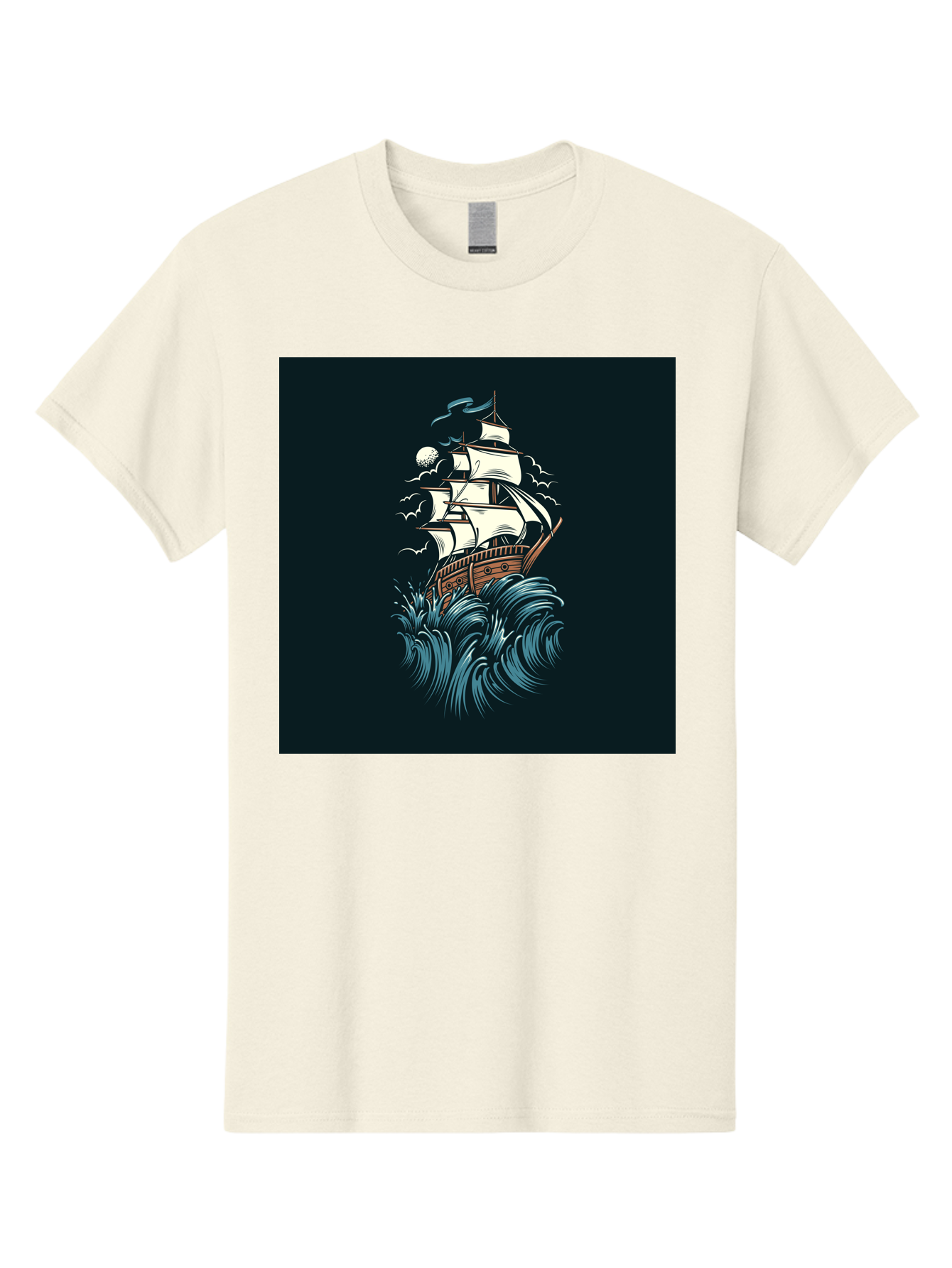 Sailing-Ship Men'S Graphic Tee, 100% Cotton, Comfortable Casual Summer Wear, Machine Washable, Sailing Ship, Stormy Sea, Rough Waves, Turbulent Weather, White Sails, Wooden Hull, Sailing Vessels, Coastal Scenery, Maritime Art, Navy Blue, Aab478