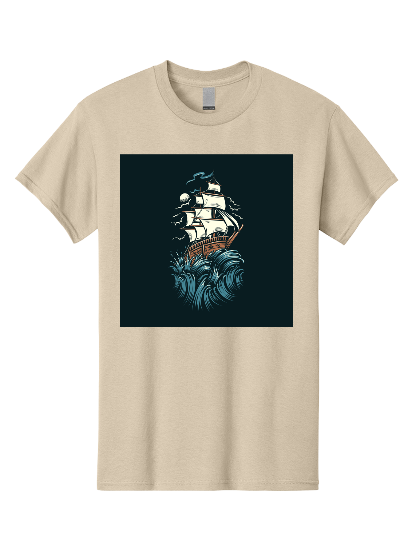 Sailing-Ship Men'S Graphic Tee, 100% Cotton, Comfortable Casual Summer Wear, Machine Washable, Sailing Ship, Stormy Sea, Rough Waves, Turbulent Weather, White Sails, Wooden Hull, Sailing Vessels, Coastal Scenery, Maritime Art, Navy Blue, Aab478