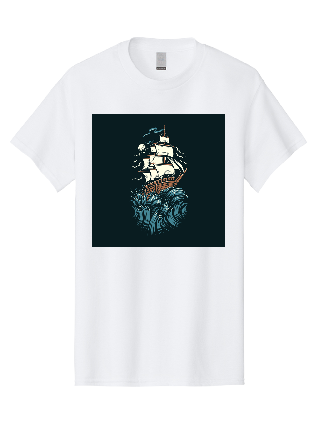 Sailing-Ship Men'S Graphic Tee, 100% Cotton, Comfortable Casual Summer Wear, Machine Washable, Sailing Ship, Stormy Sea, Rough Waves, Turbulent Weather, White Sails, Wooden Hull, Sailing Vessels, Coastal Scenery, Maritime Art, Navy Blue, Aab478