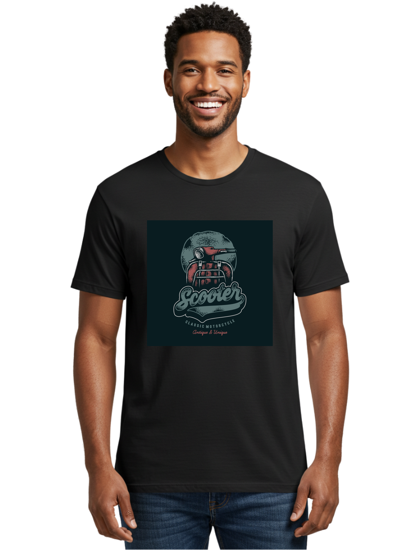 Scooter-Classic-Motorcycle Men'S Graphic Tee, 100% Cotton, Comfortable Casual Summer Wear, Machine Washable, Vintage Motorcycle Helmet, Classic Scooter Design, Antique Bike, Unique Motorcycle Art, Retro Scooter Style, Nostalgic Ride, Aab479