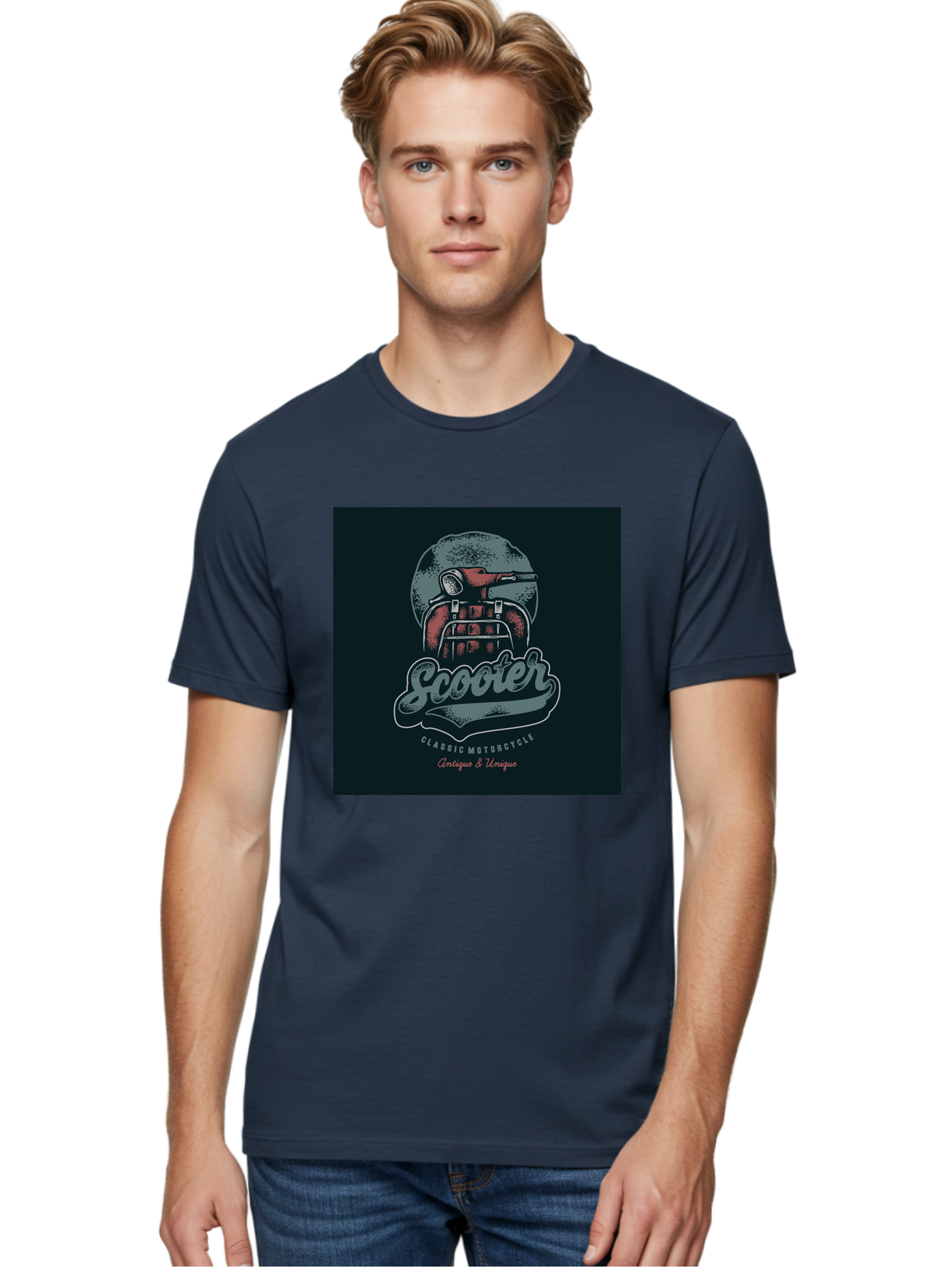 Scooter-Classic-Motorcycle Men'S Graphic Tee, 100% Cotton, Comfortable Casual Summer Wear, Machine Washable, Vintage Motorcycle Helmet, Classic Scooter Design, Antique Bike, Unique Motorcycle Art, Retro Scooter Style, Nostalgic Ride, Aab479