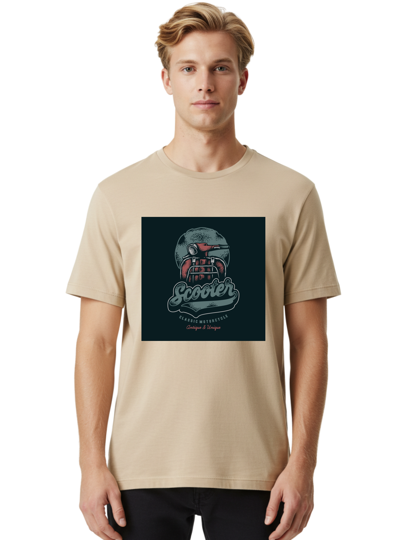 Scooter-Classic-Motorcycle Men'S Graphic Tee, 100% Cotton, Comfortable Casual Summer Wear, Machine Washable, Vintage Motorcycle Helmet, Classic Scooter Design, Antique Bike, Unique Motorcycle Art, Retro Scooter Style, Nostalgic Ride, Aab479