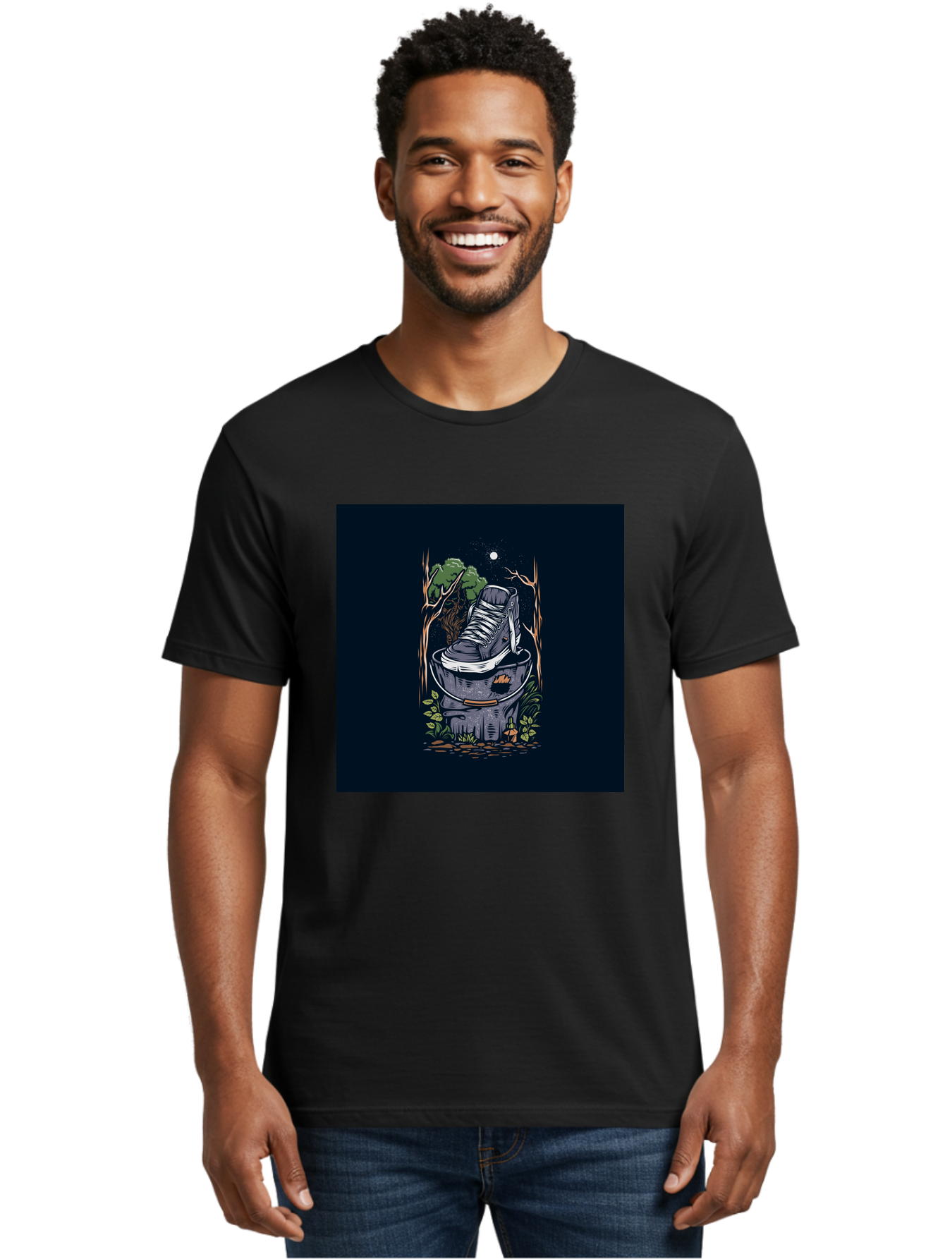 Shoe-Can Men'S Graphic Tee, 100% Cotton, Comfortable Casual Summer Wear, Machine Washable, Sneaker In Bucket, Streetwear Culture, Urban Jungle, Footwear, Bucket, Moonlight, Nighttime, Forest Scene, Vintage Art Aab480