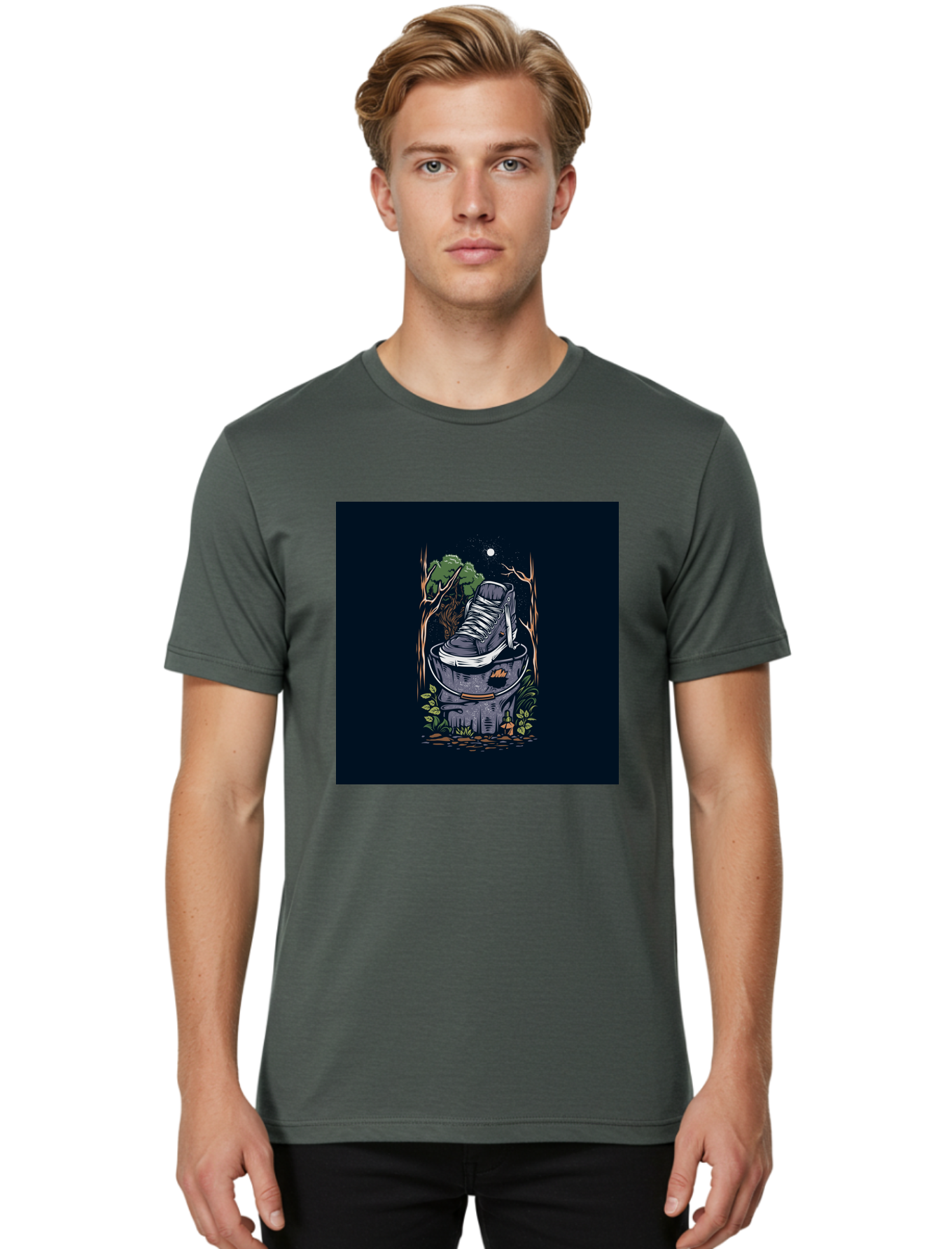 Shoe-Can Men'S Graphic Tee, 100% Cotton, Comfortable Casual Summer Wear, Machine Washable, Sneaker In Bucket, Streetwear Culture, Urban Jungle, Footwear, Bucket, Moonlight, Nighttime, Forest Scene, Vintage Art Aab480